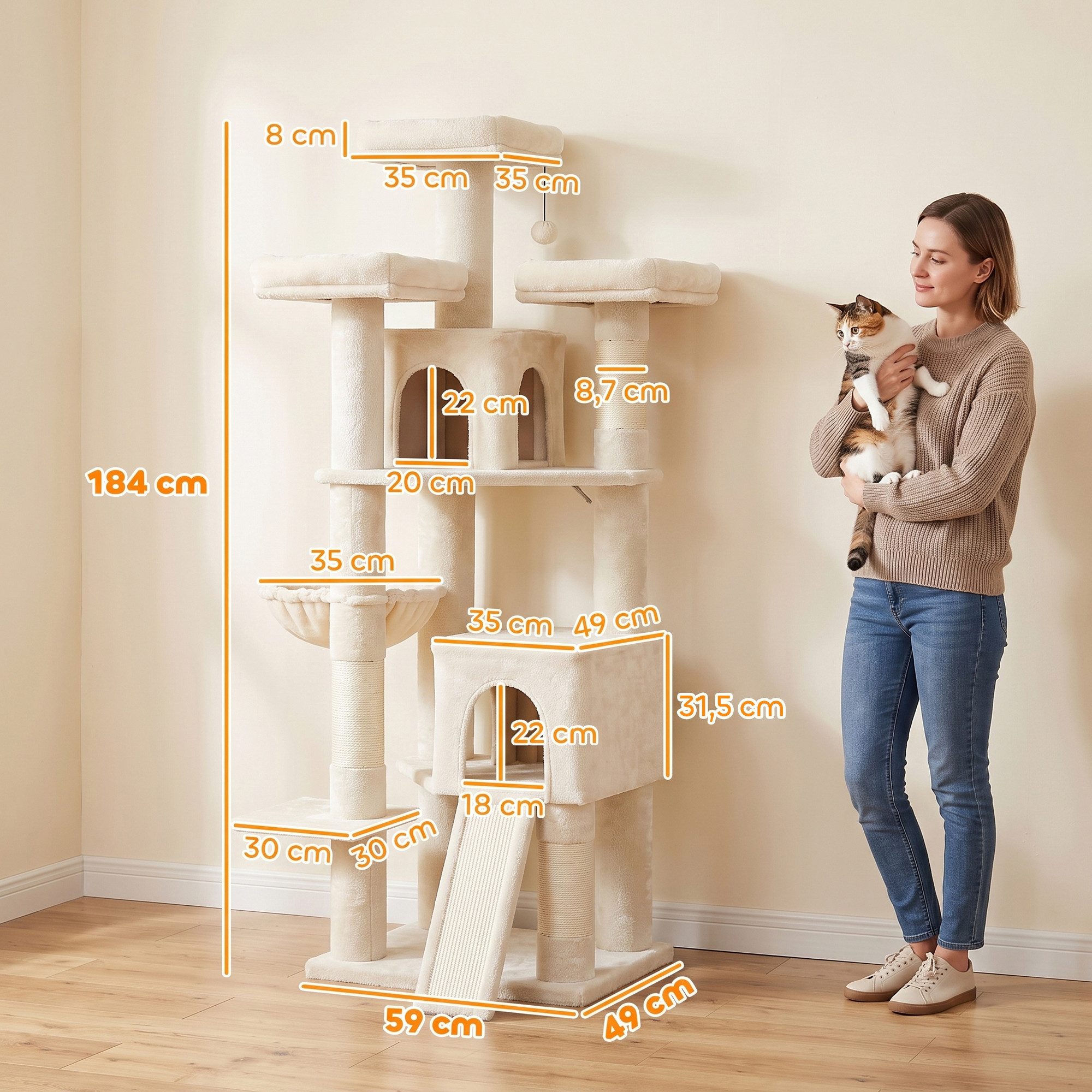 PawHut Kratzbaum Groß 184 cm hoch Katzenbaum mit 3 Dicke Kratzstämmen 2 Höhlen, für 1-3 Katzen unter 6 kg Beige – Bild 3 von 5