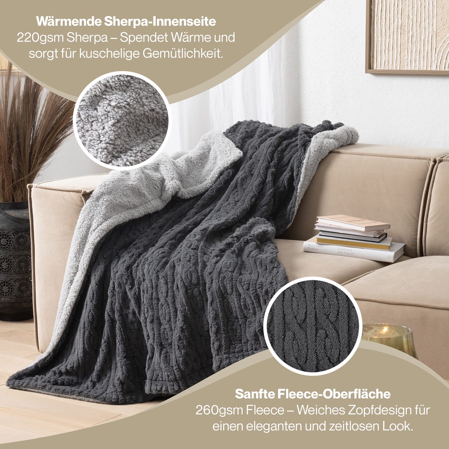 Wohndecke Oeko-TEX zertifizierte waschbare Wohn- & Kuscheldecke, Blumtal, mit weicher Sherpa-Innenseite – Bild 5 von 5
