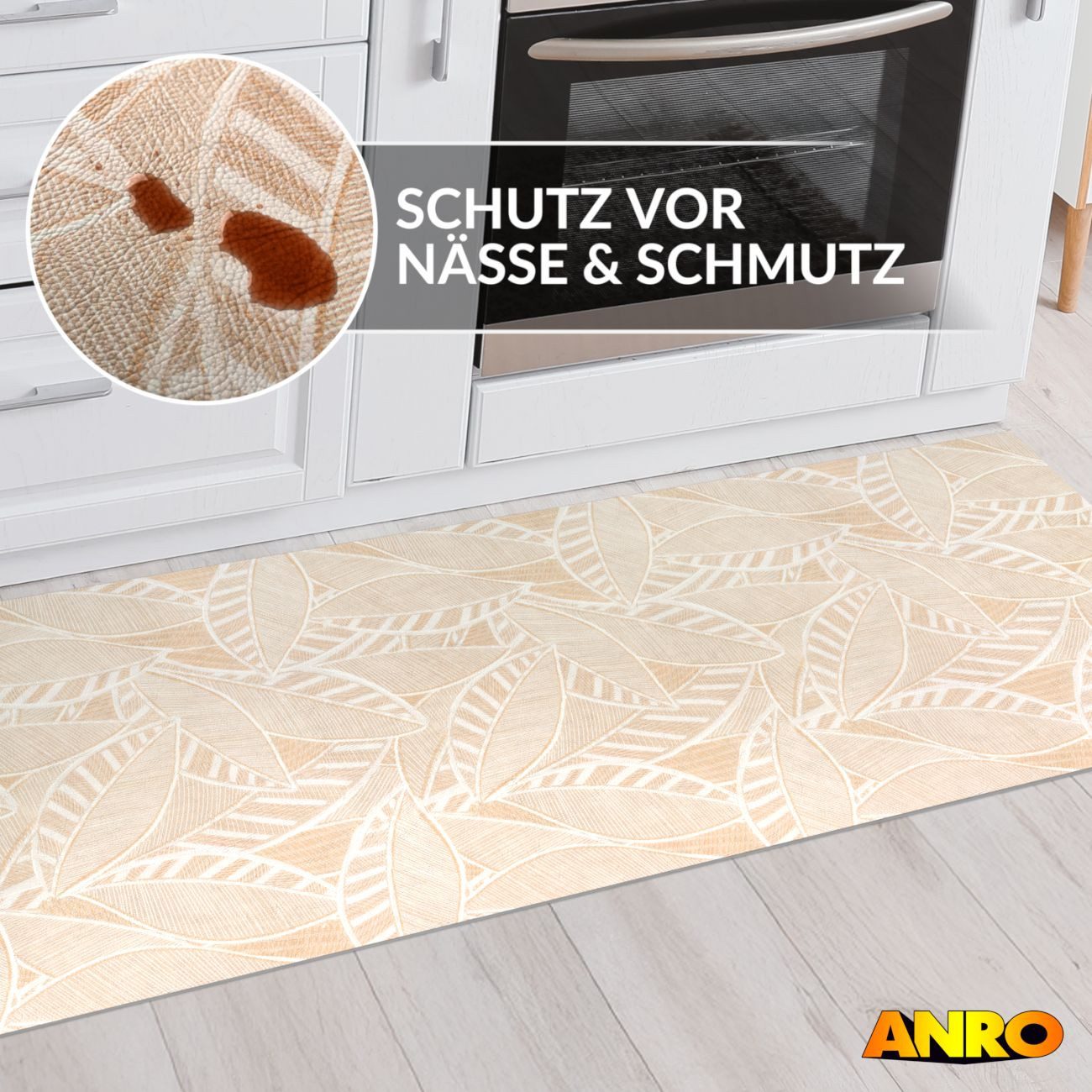 ANRO Küchenläufer abwaschbar Blätter LADY Läufer stark pflegeleicht Küchenteppich, Rechteckig, Höhe: 3 mm, robust schmutzabweisend 67x100cm Botanical Beige robu – Bild 5 von 5