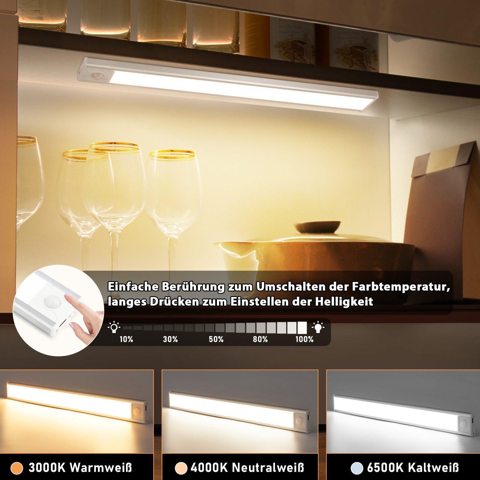 Nettlife LED Unterbauleuchte Bewegungsmelder dimmbar 20/30/40 cm wählbar USB Schrankbeleuchtung, LED fest integriert, 3 Farbtemperatur Aufladbar Schrankleuchte für Flur Cabinet