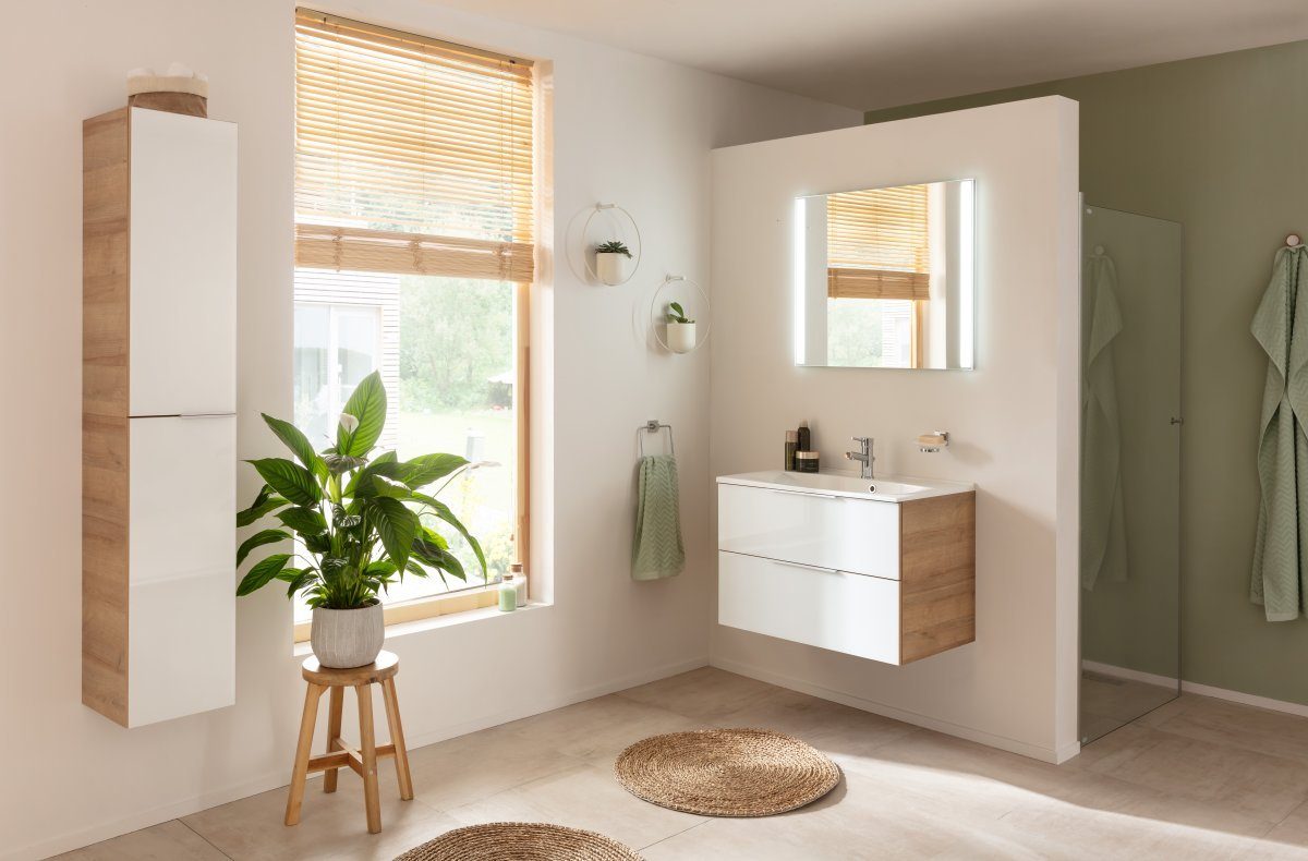 FACKELMANN Hochschrank B.brillant Hochschrank 30cm - Ast Eiche - Glas Weiß