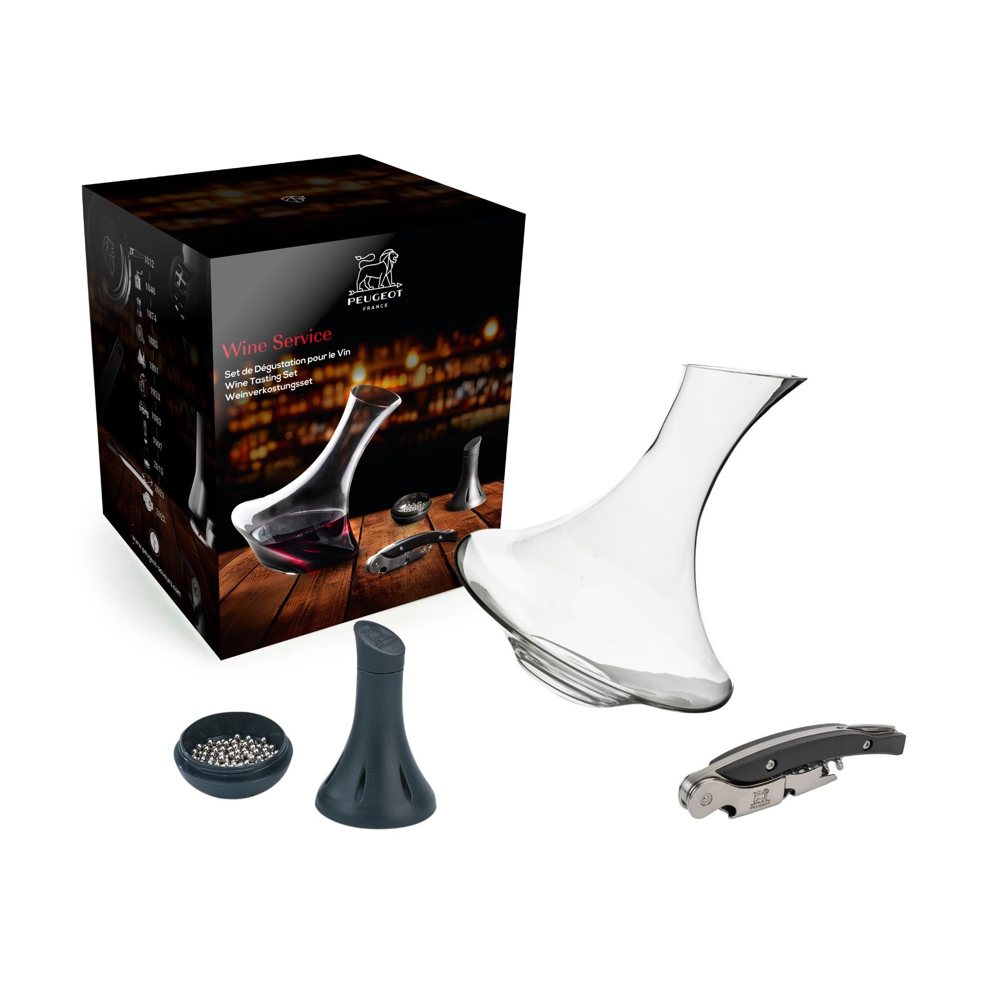 PEUGEOT Sommelier-Set Geschenkset WINE SERVICE Dekanter Reinigungskugeln Korkenzieher Wein