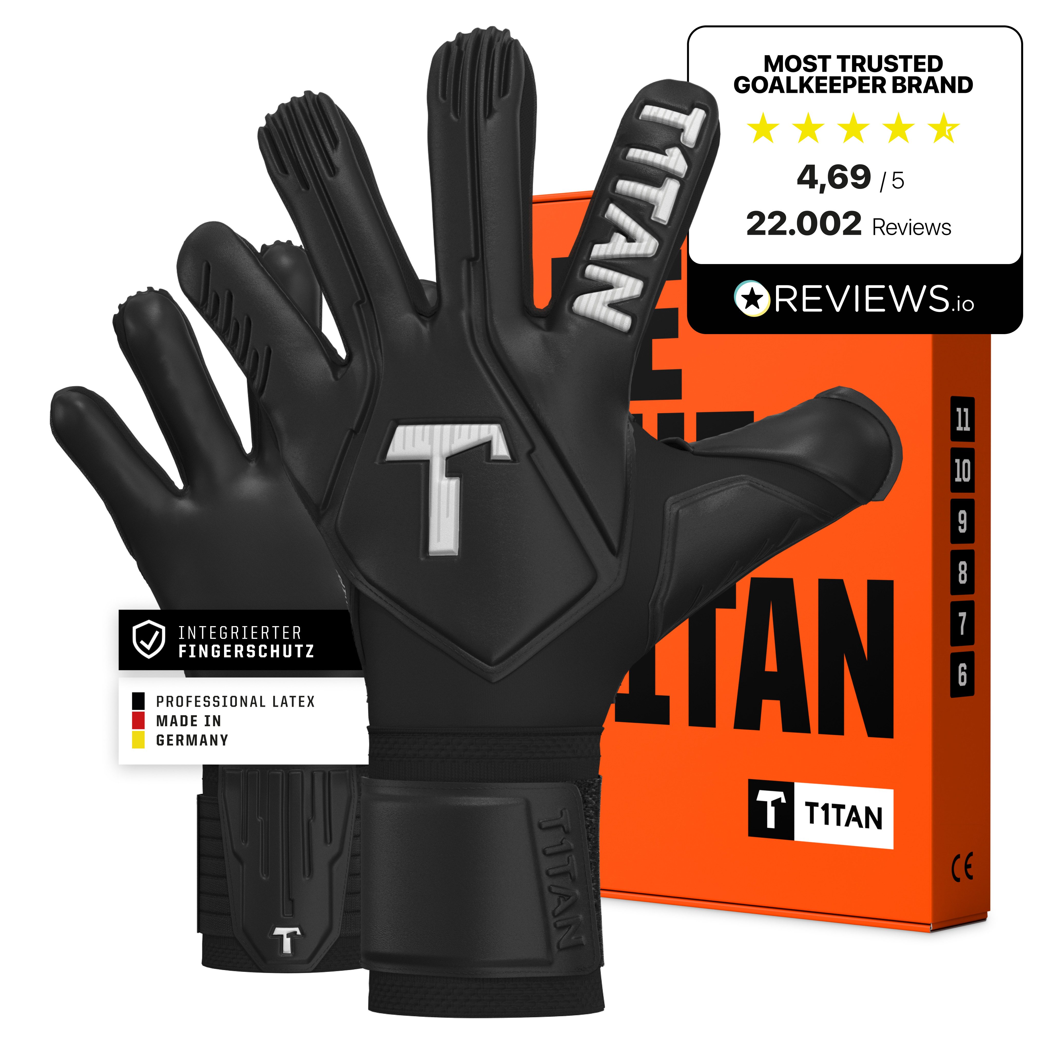 T1TAN Torwarthandschuhe Erwachsene, Fingerschutz, LEGEND Black-Out, Größe 6-11