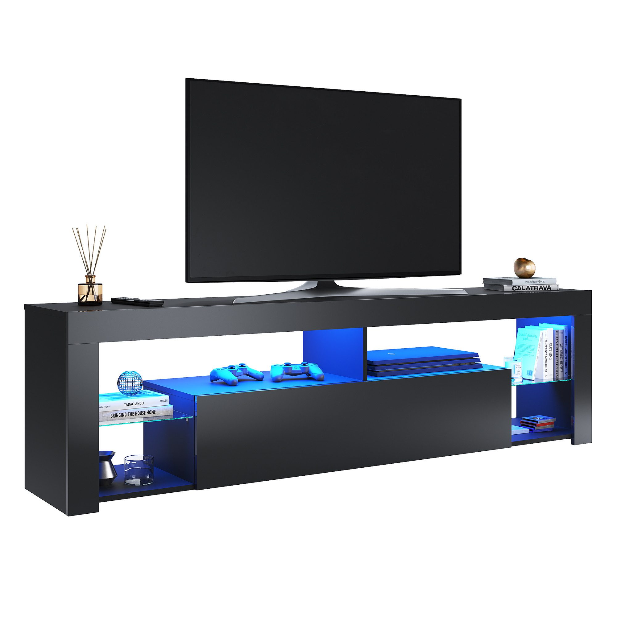 SONNI TV-Schrank Schwarzer TV-Ständer mit LED-Beleuchtung Stilvoll mit 12 Led Farben Beleuchtung TV Board