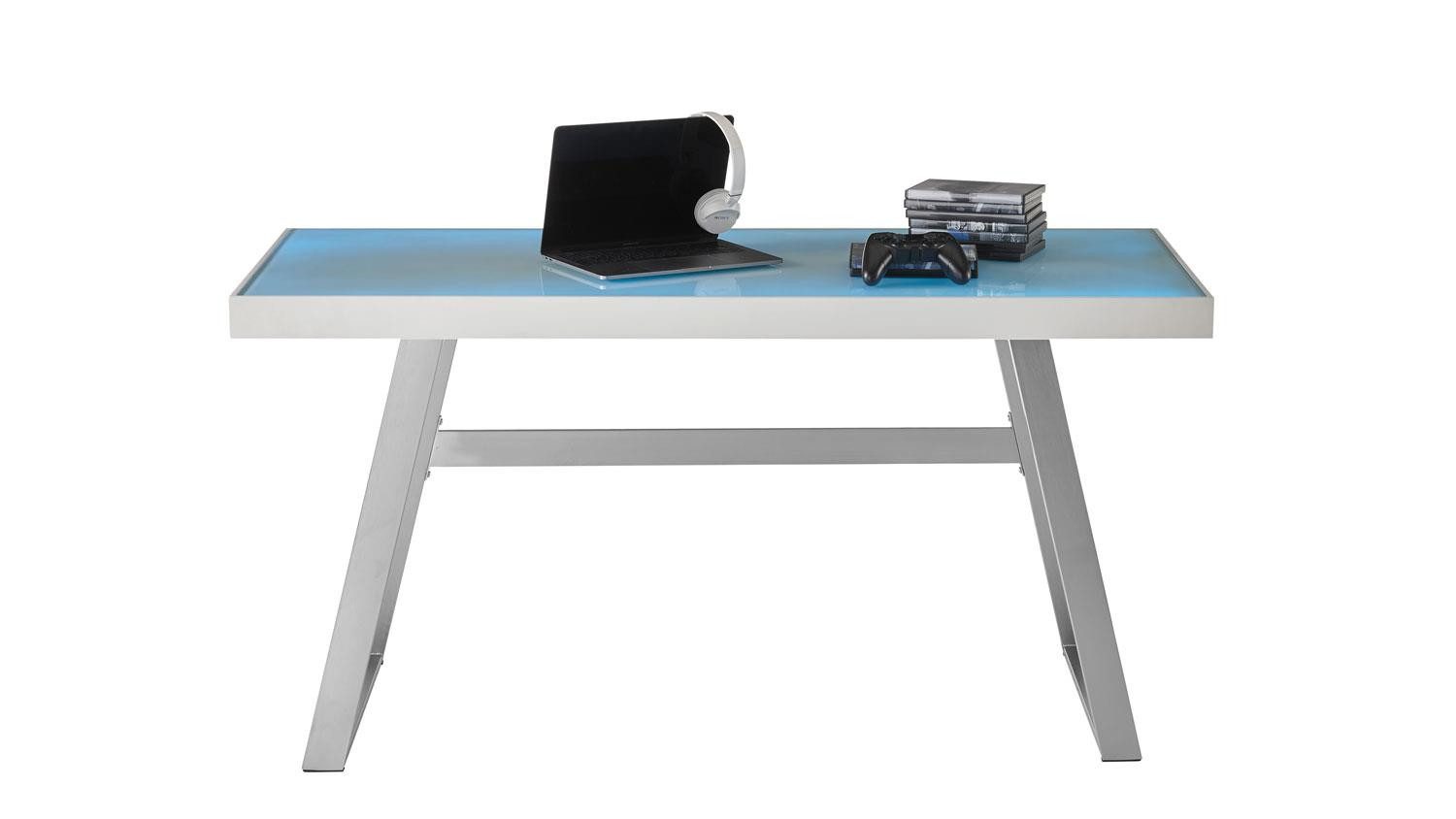 MCA living Schreibtisch Schreibtisch Tifilis Glasplatte weiß RGB LED Gestell edelstahoptik