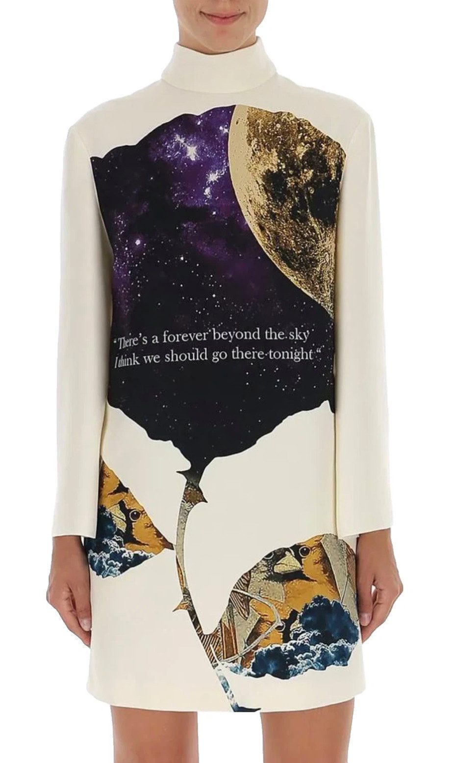 VALENTINO GARAVANI Midikleid Rollkragen Kleid Minikleid A-Linie Schurwolle Seide Ausdrucksstarker poetischem Print Beyond the Sky
