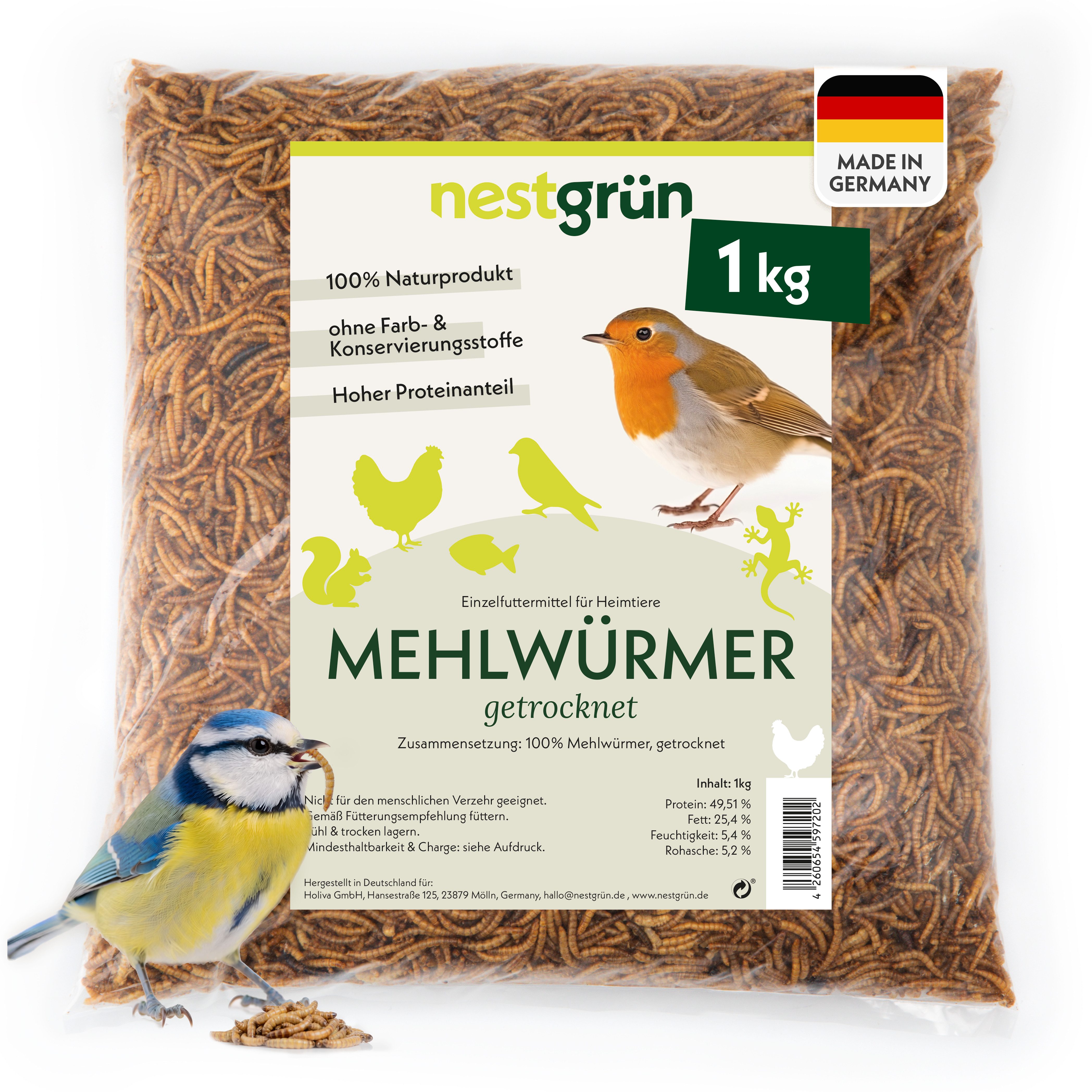 Nestgrün Mehlwürmer getrocknet, Snack für: Reptilien, Fische, Wildvögel, Igel, Hühner, Eichhörnchen, proteinreicher Snack, 100% natürlich