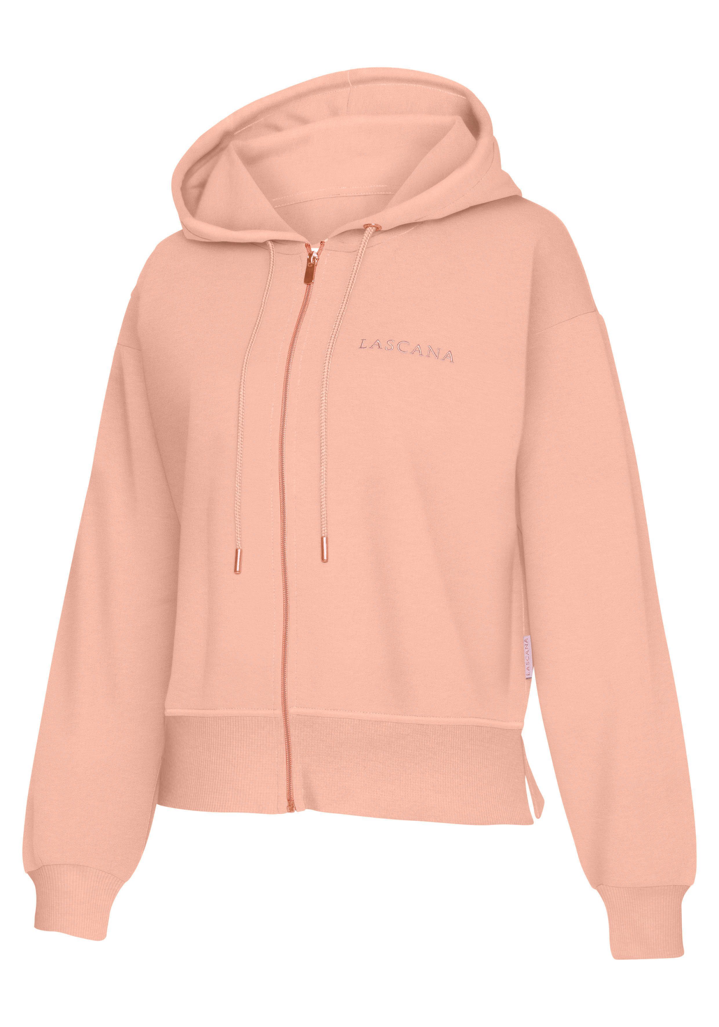 Kapuzensweatjacke Homewear pfirsich Loungeanzug Logostickerei, LASCANA Reißverschluss und mit kupferfarbenen