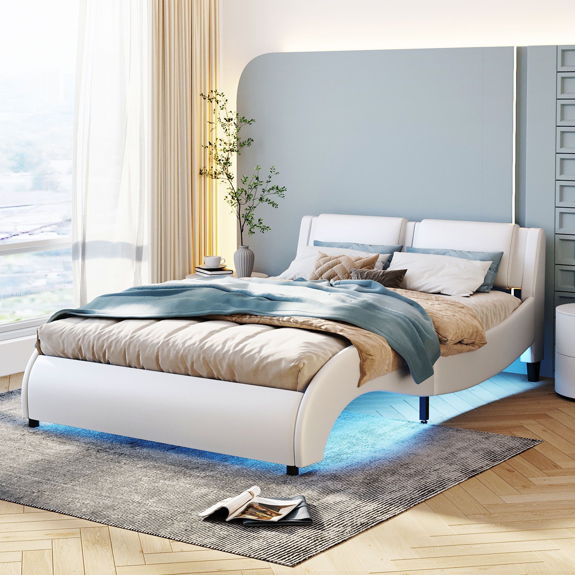 Flieks Polsterbett, LED Beleuchtung Doppelbett mit Bogendesign 140x200cm Kunstleder Weiß