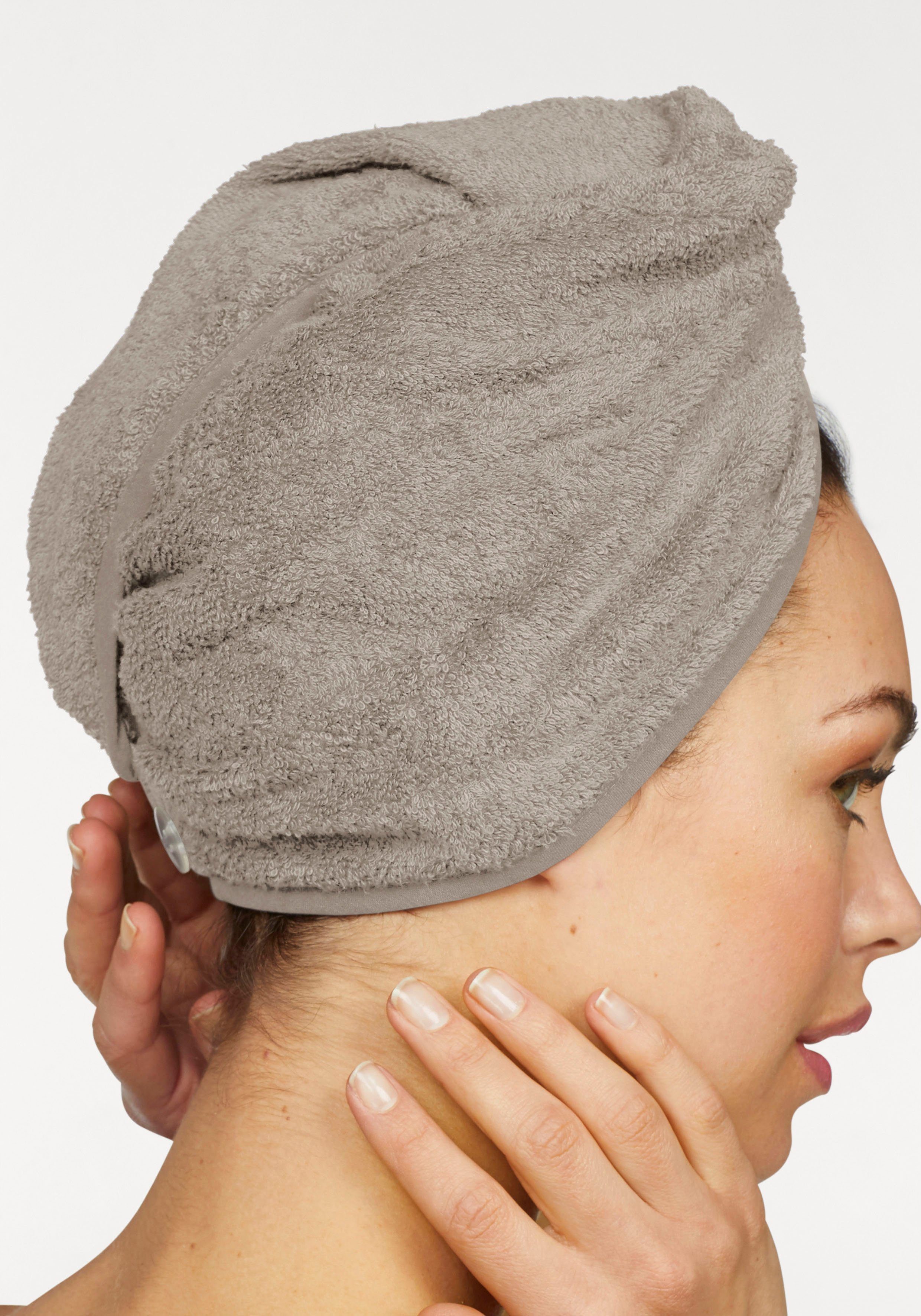 Knopfverschluss Haar-Handtuch am Juna, (2-St), Turban-Handtuch (2 home einfarbiges Stück), Hinterkopf my Walkfrottee taupe mit