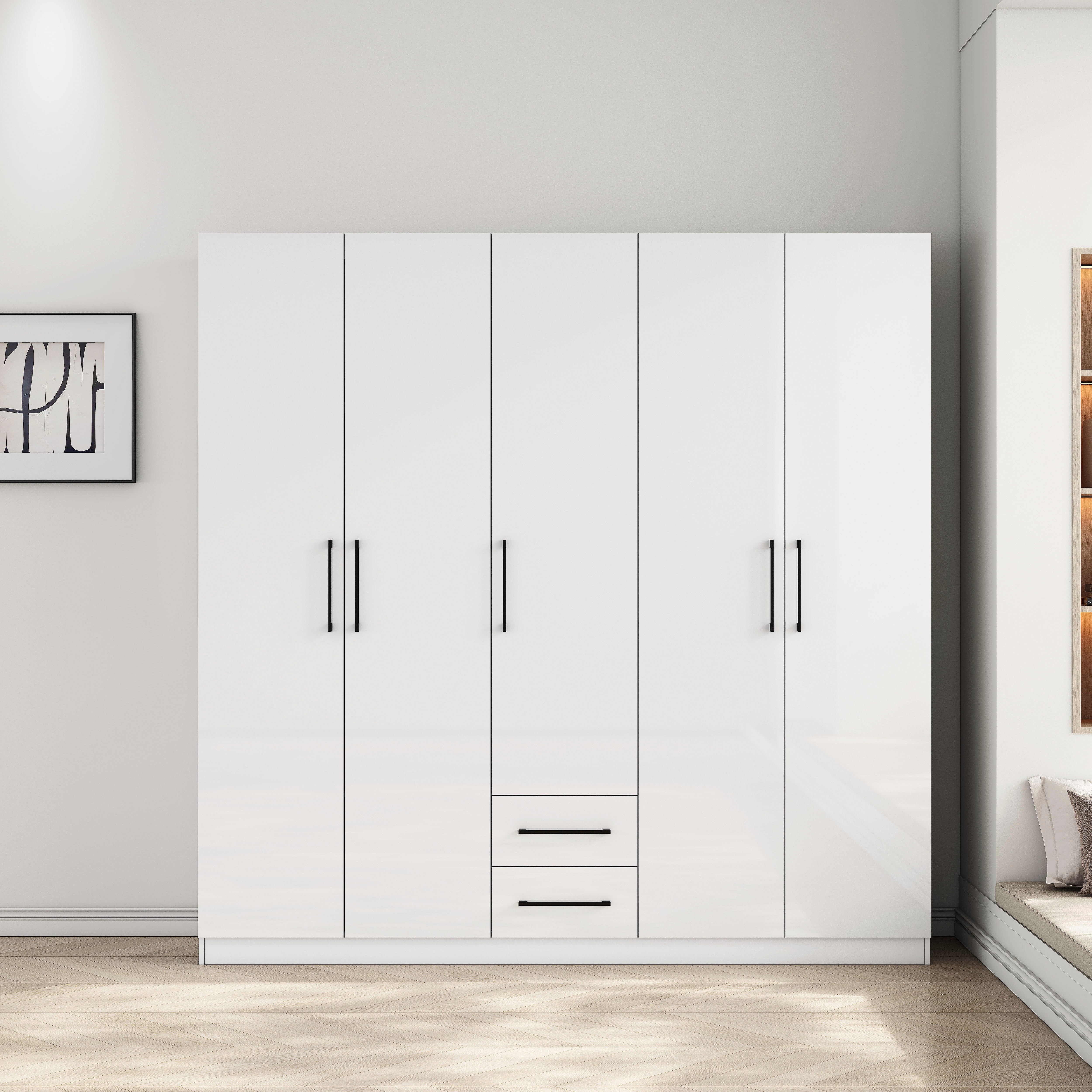 OTTO home Kleiderschrank Sylt Schlafzimmerschrank Garderobe Schrank in hochglanz weiß (5 Türen, 2 Schubladen, schwarze moderne Griffe, 7 Einlegeböden) Drehtürenschrank mit perfekter Innenausstattung, Breite 200cm