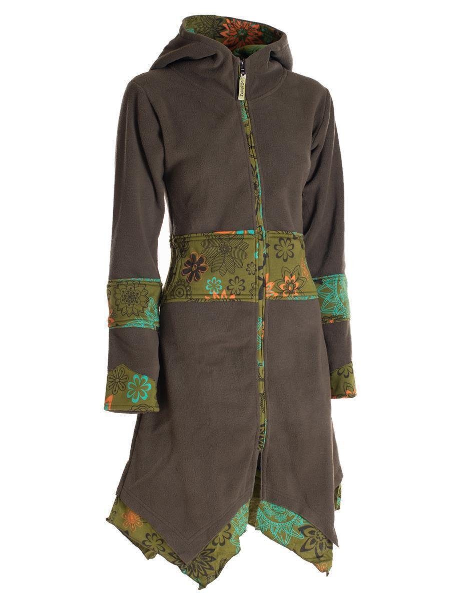 Goa, Mantel Kurzmantel Fleece Ethno, Hooded Boho Style Vishes Fleecemantel Cardigan Gothik, Zipfelkapuzenjacke olive