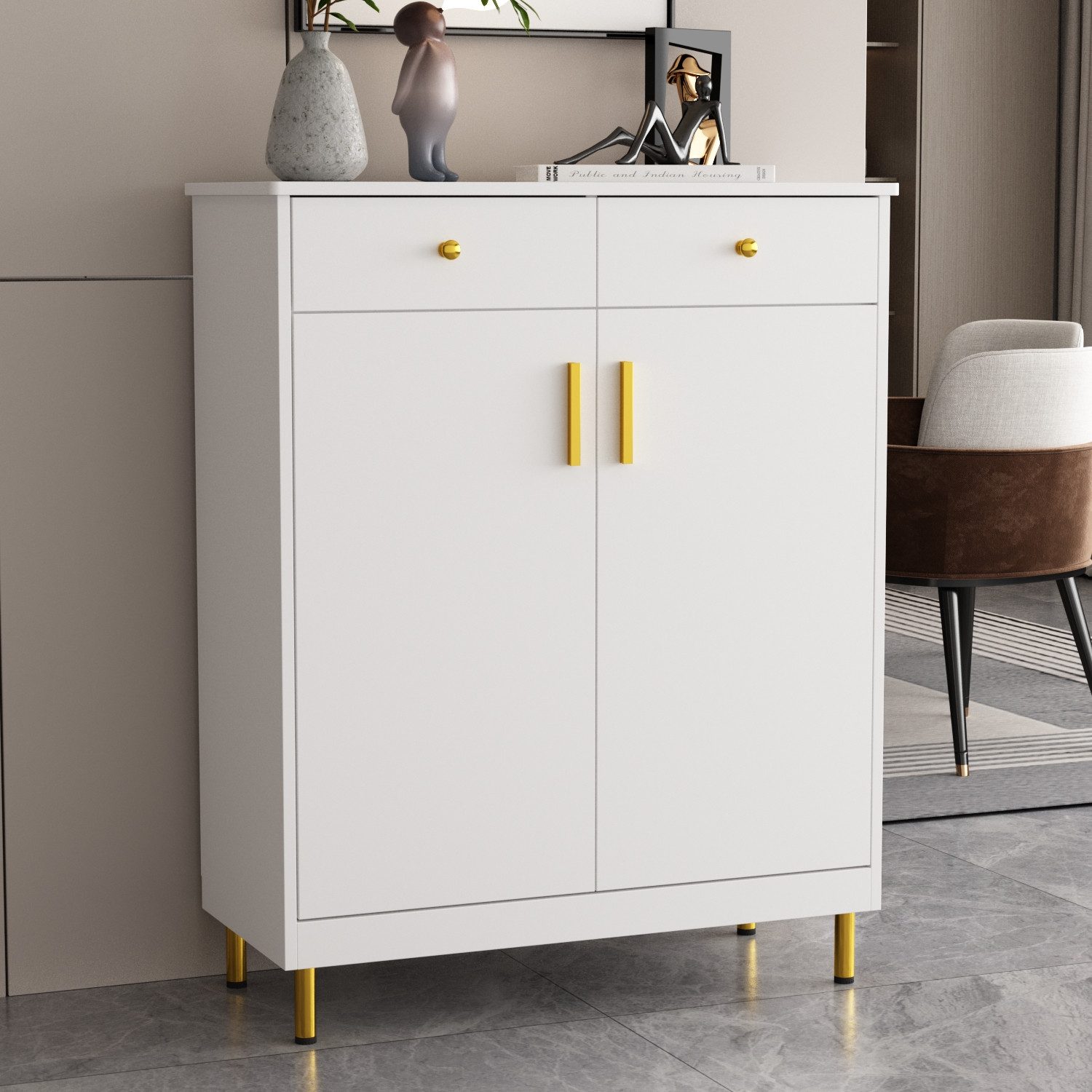 HOMSEE Schuhschrank mit 2 Schubladen und 2 Türen, Sideboard 80 x 100 x 35 cm, Weiß-Gold (1-St) Küchenkommode Anrichte Stauraumschrank mit Metallfüßen