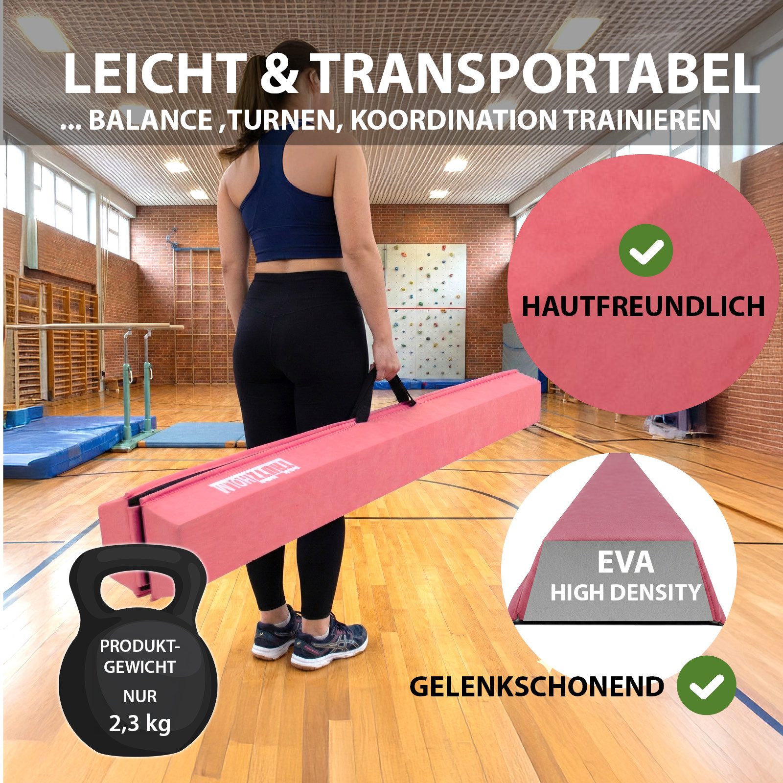 TRUTZHOLM Balanceboard Schwebebalken 240 cm Turnbalken inkl. Tragetasche Balancierbalken Pink, klappbar, tragbar, bodennah, kombinierbar