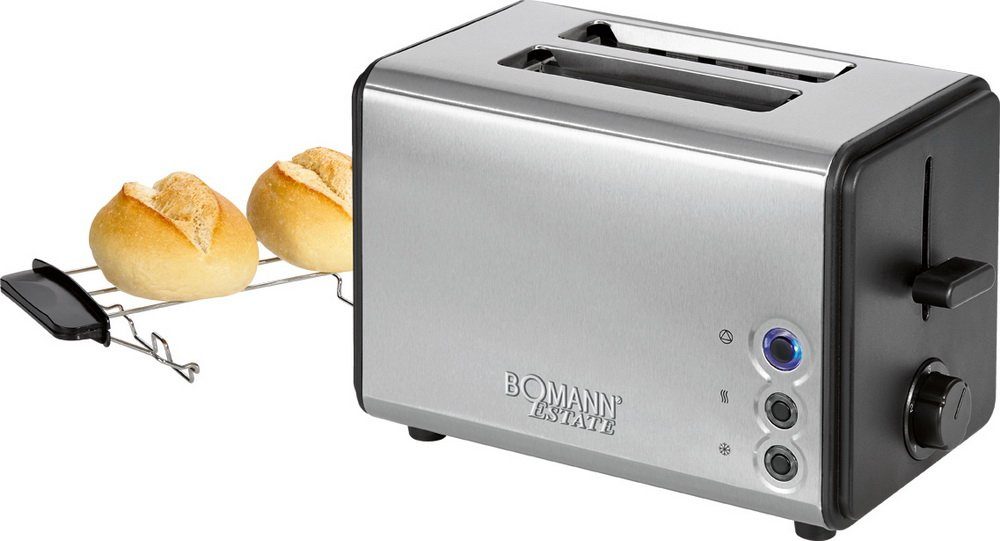 BOMANN Toaster Edelstahl 2-Scheiben Toastautomat mit Brötchenaufsatz, 2 kurze Schlitze, für 2 Scheiben, 850 W, max., Krümelschublade, Stufenlos einstellbarer Bräunungsgrad
