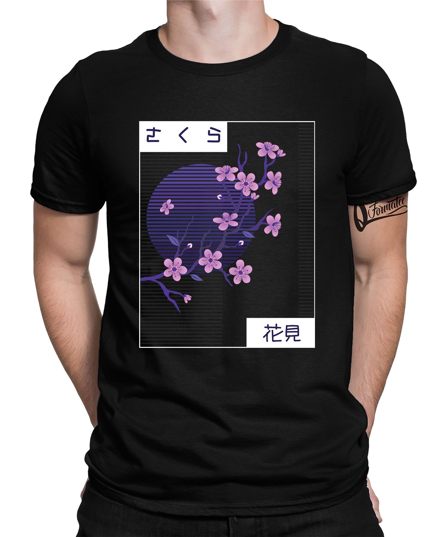 Quattro Formatee Kurzarmshirt Aesthetic Vaporwave Japanese Cherry Blossom - Ästhetik Herren T-Shirt (1-tlg) Schwarz