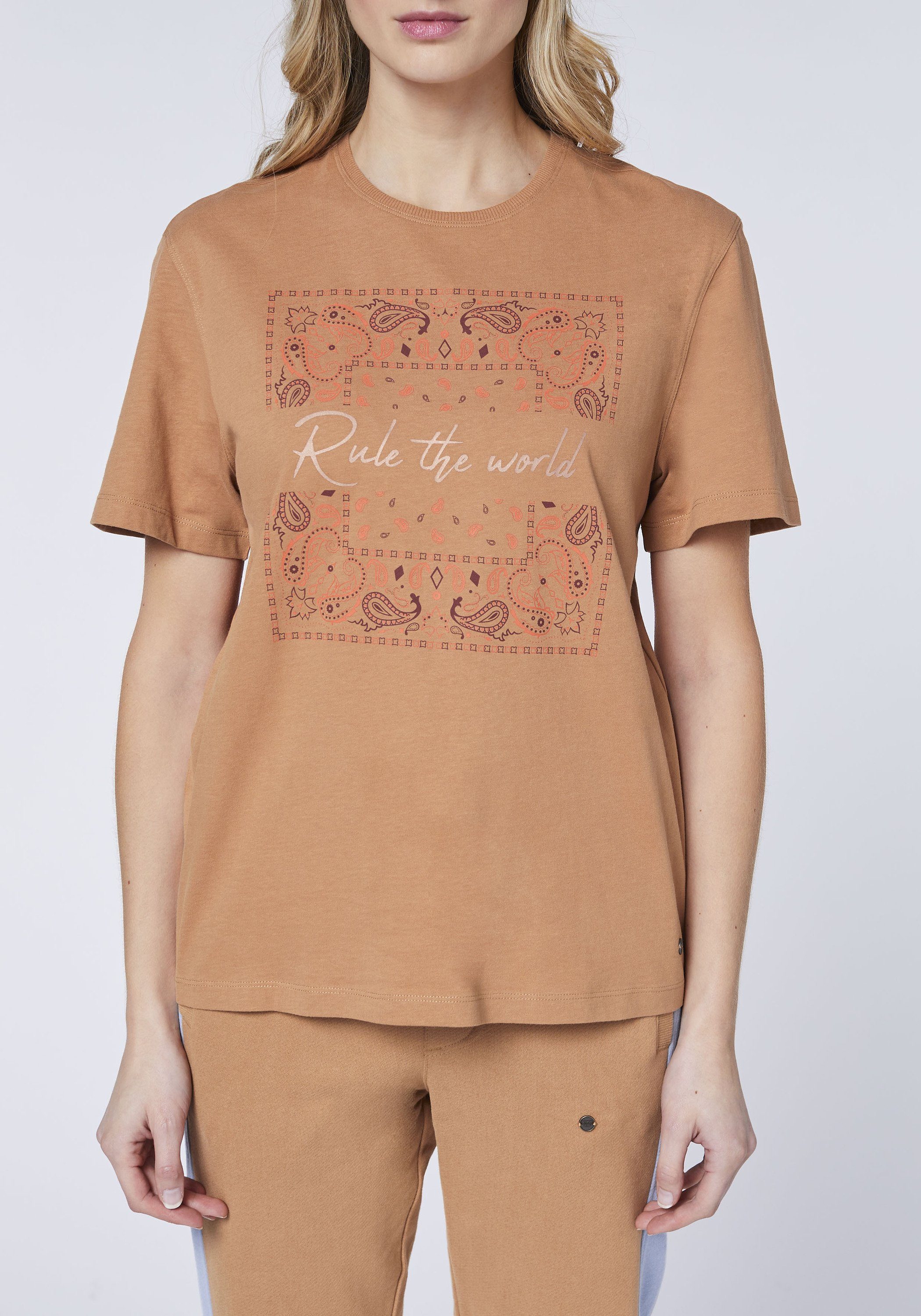 Oklahoma Jeans Print-Shirt mit Pecan Frontprint 17-1430 Brown