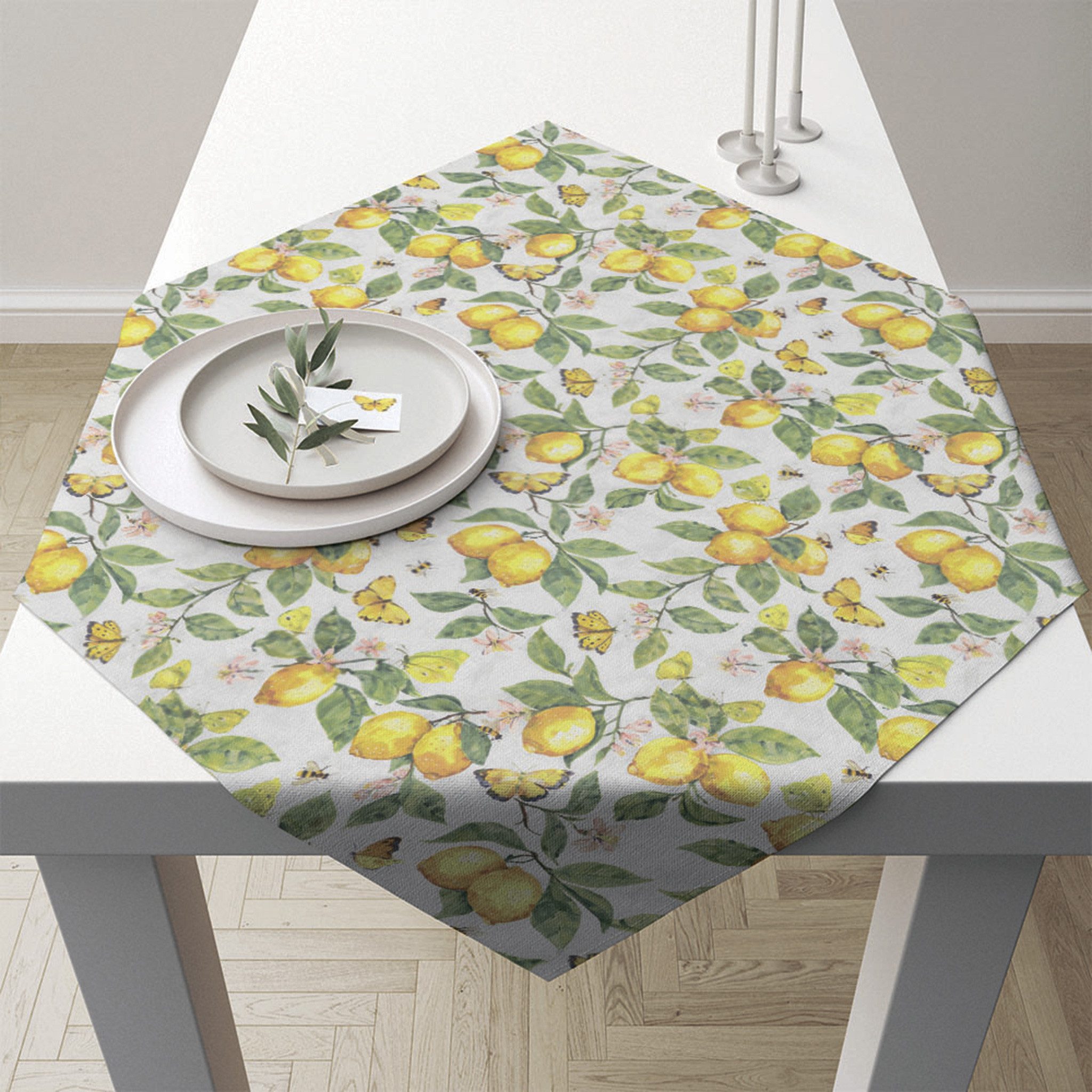 Ambiente Luxury Paper Products Tischläufer, Tischdecke Baumwolle 90x90cm mit Zitronen & Schmetterlinge Motiv