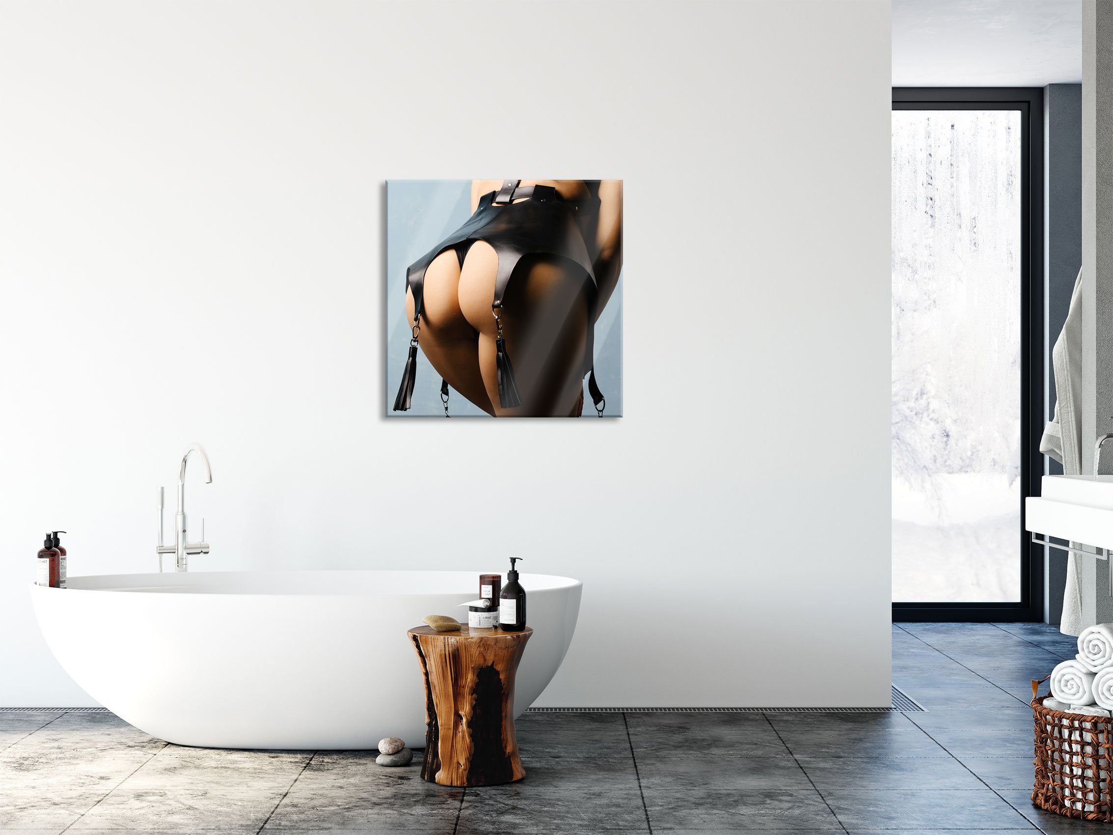 Pixxprint Glasbild Frauenpo in Lederstrapse, Frauenpo in Lederstrapse (1 St), Glasbild aus Echtglas, inkl. Aufhängungen und Abstandshalter