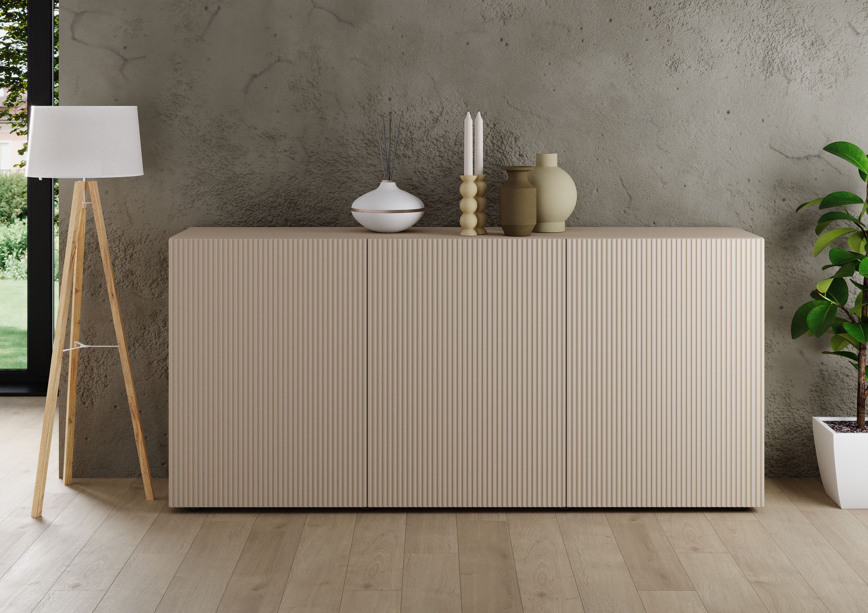 INOSIGN Sideboard Rio Breite 181 cm, Kommode mit 3 Türen, Anrichte, geriffelte MDF-Fronten, modern u. elegant, viel Stauraum