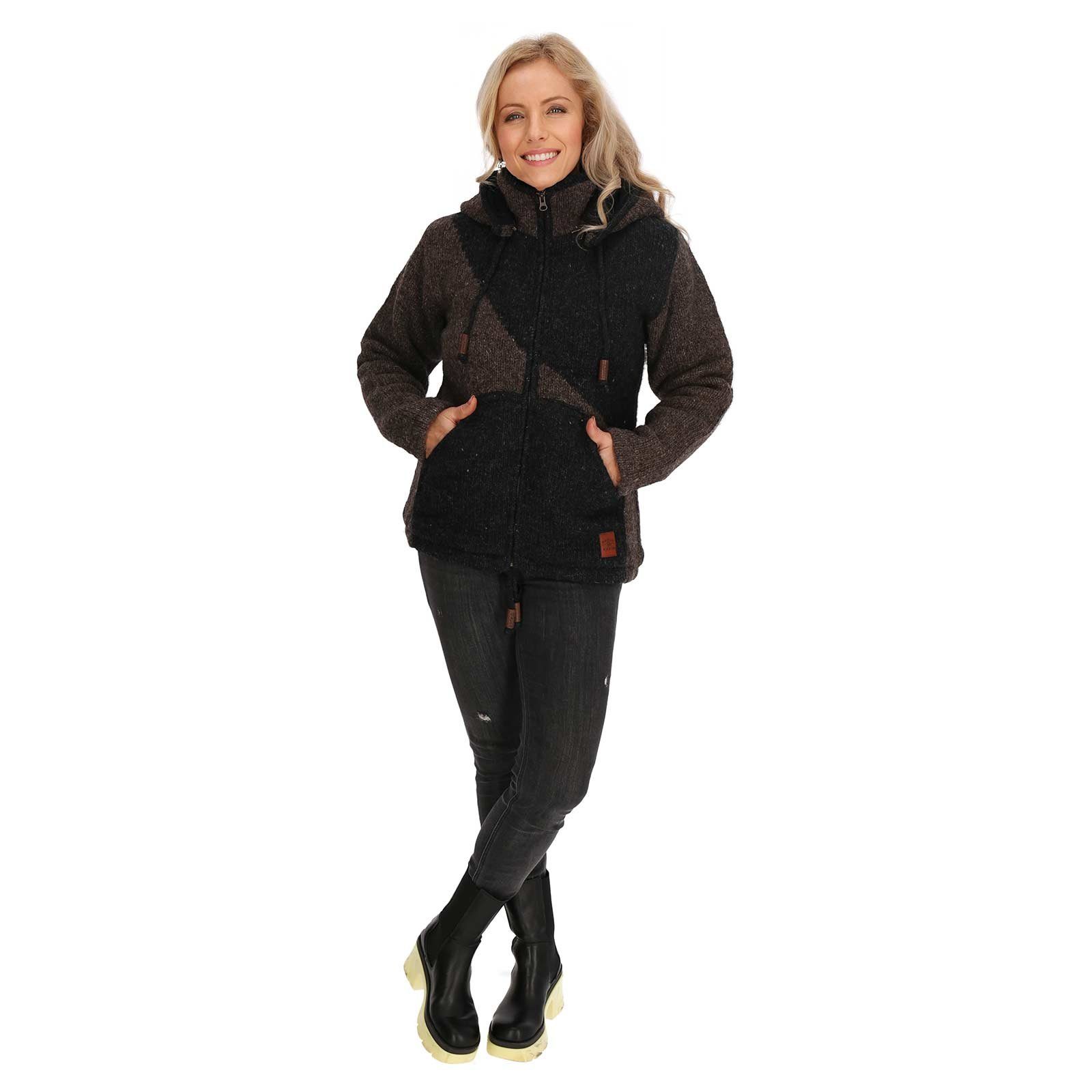 KUNST UND MAGIE Strickjacke Strickjacke Goa Wolle Jacke Fleecefutter Zipfelkapuze Unisex Fair