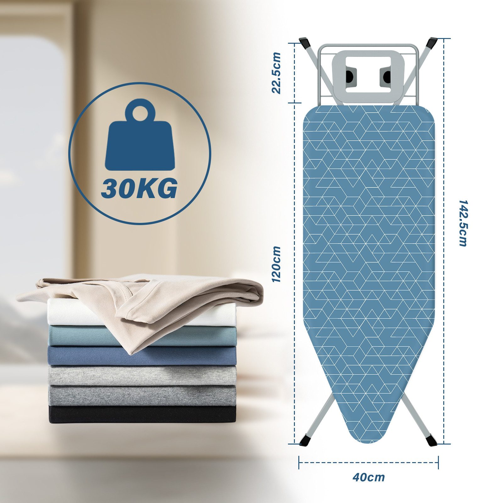 DEWINNER Bügelbrett XXL 120 × 45 cm klappbar höhenverstellbar, Bügelfläche 45x120 cm, Sicherheitsverschluss, Ablage f. Dampfbügeleisen – Bild 3 von 5