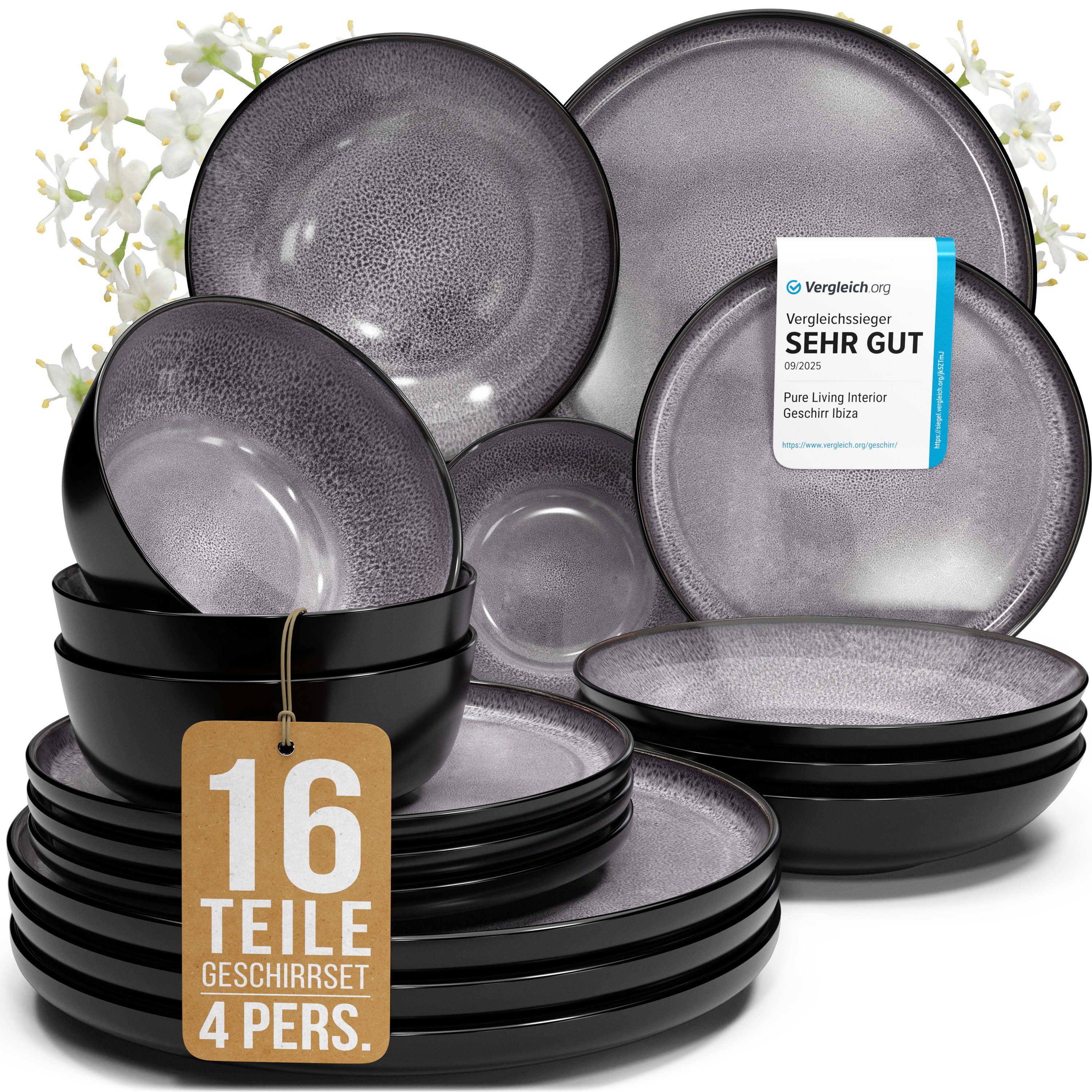 PURE LIVING INTERIOR DESIGN Geschirr-Set Ibiza aus Steingut, 16-tlg., für 4 Personen, Grau (16-tlg), 4 Personen, Steingut