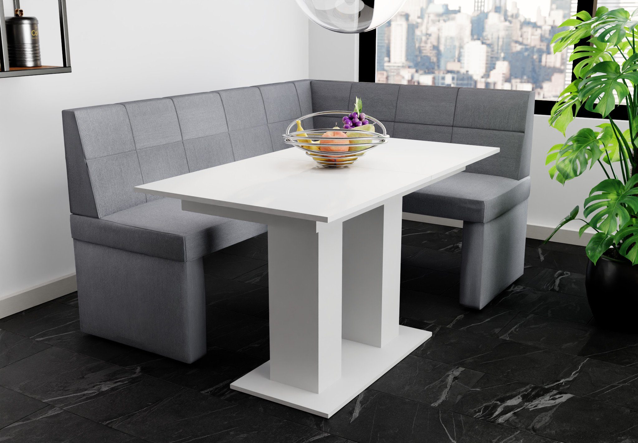 Fun Möbel Eckbankgruppe Eckbankgruppe „BLAKE XL“ Größe 196x142cm mit Tisch Weiß matt, ausziehbarer Tisch