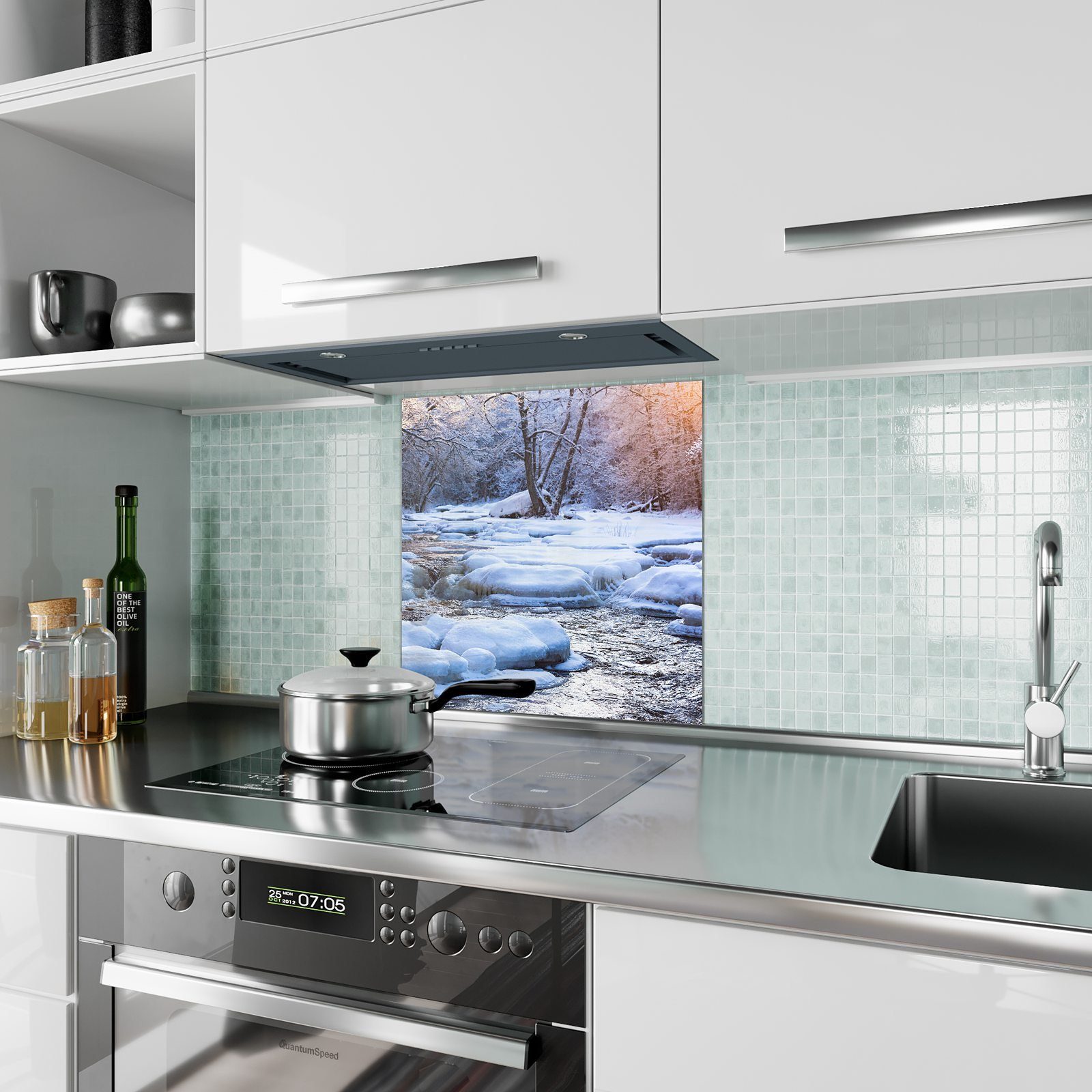 Primedeco Küchenrückwand Küchenrückwand Fluss Winterlandschaft am Spritzschutz mit Motiv Glas