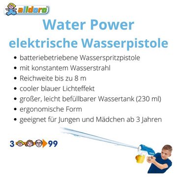 alldoro Wasserpistole 63078, Elektrische Wasserpistole blau-weiß, spritzt bis zu 8 m, 230 ml Tank