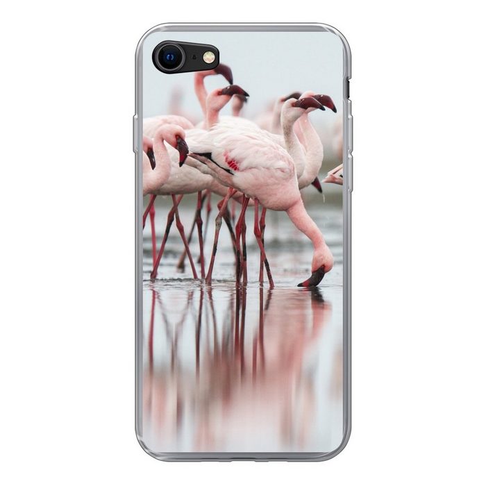 MuchoWow Handyhülle Eine Gruppe von blassrosa Flamingos steht im Wasser Handyhülle Apple iPhone 7 Smartphone-Bumper Print Handy Schutzhülle