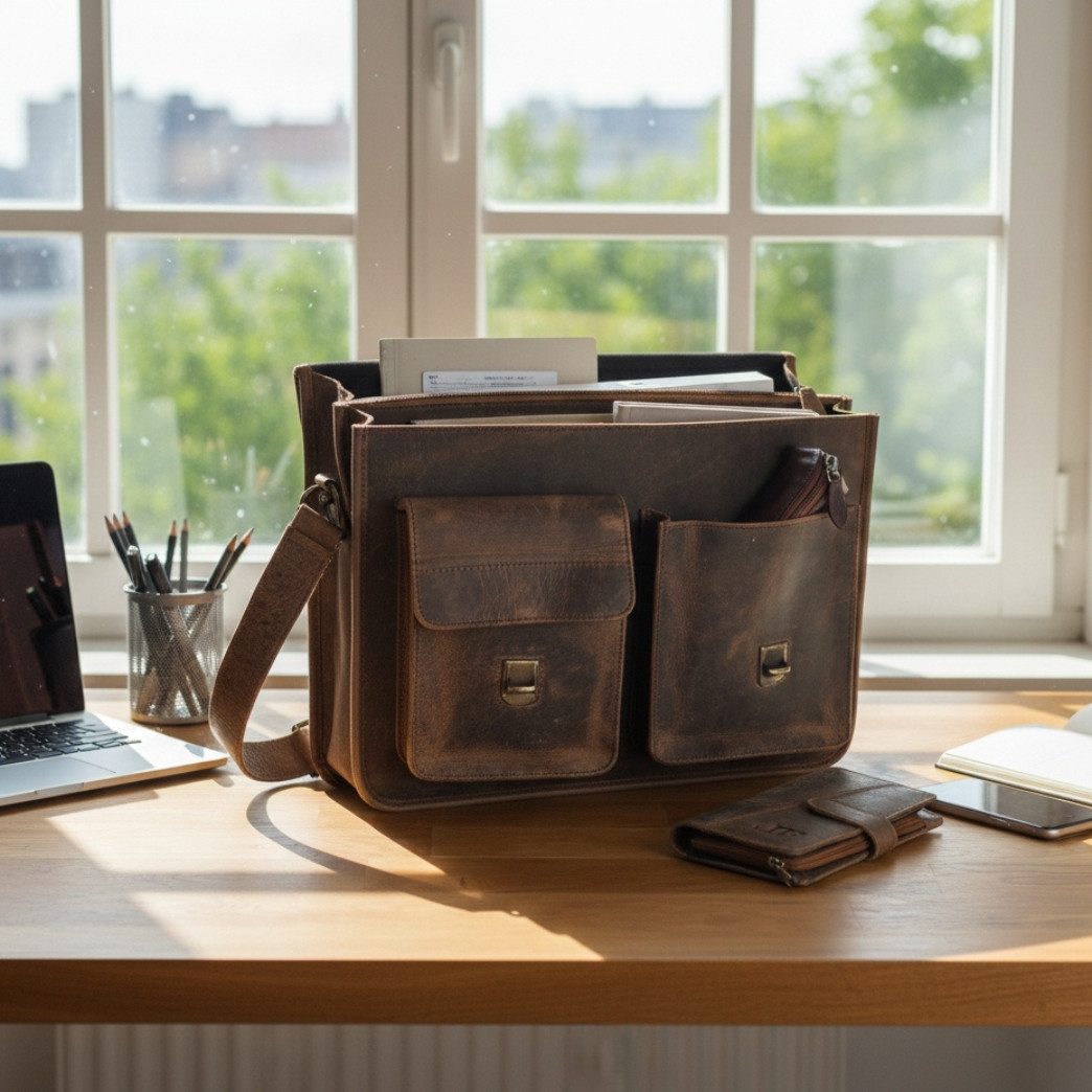 LECONI Aktentasche große Arbeitstasche DIN A4 Businesstasche Messenger Bags Leder LE3030, unterteiltes Hauptfach – Organizer integriert – 40×31×13 cm
