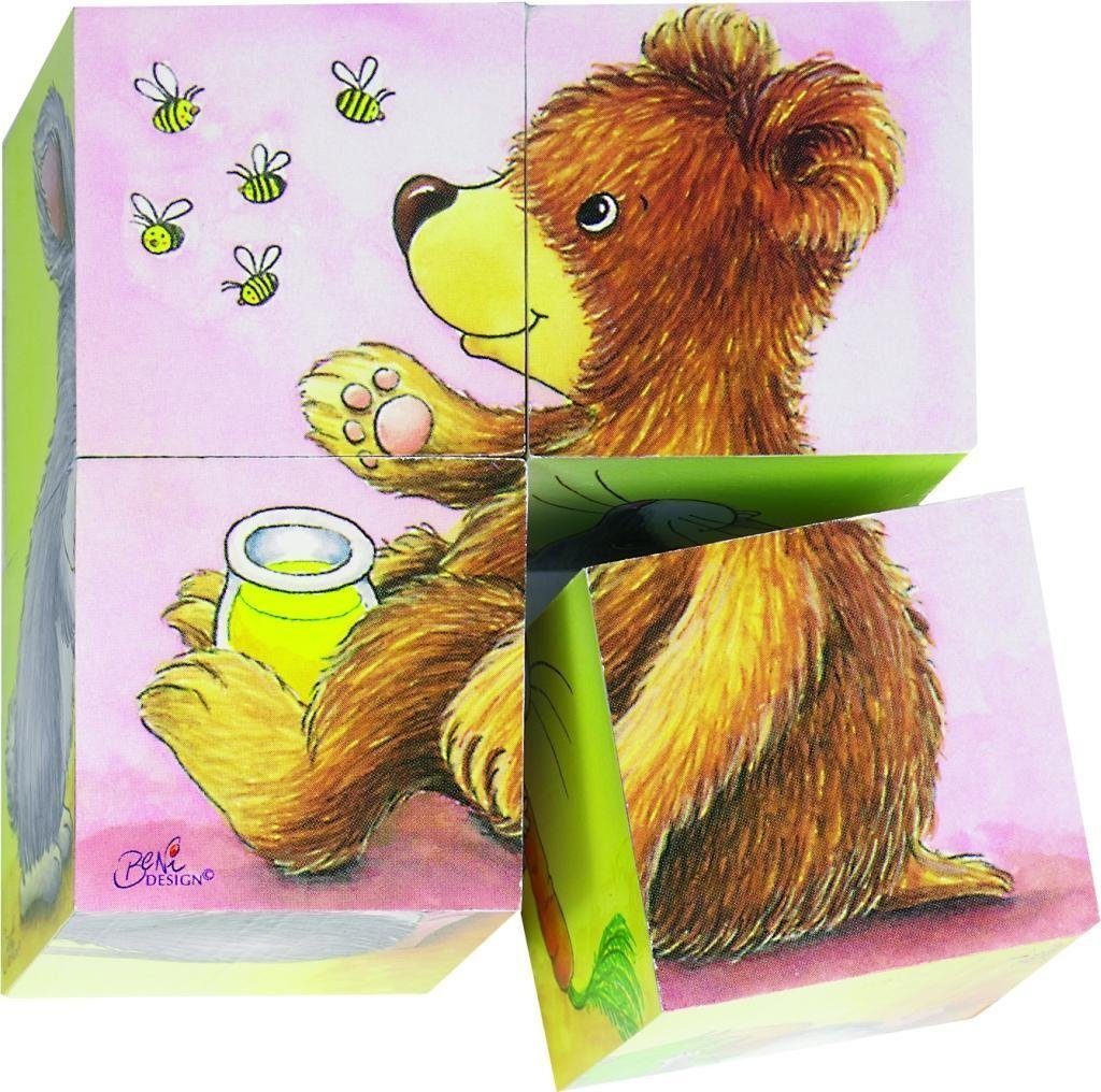 Gollnest & Kiesel Puzzle Goki 57056 - Würfelpuzzle Tierkinder, 4-teilig, Holz, 9x9x4,5cm, Puzzleteile