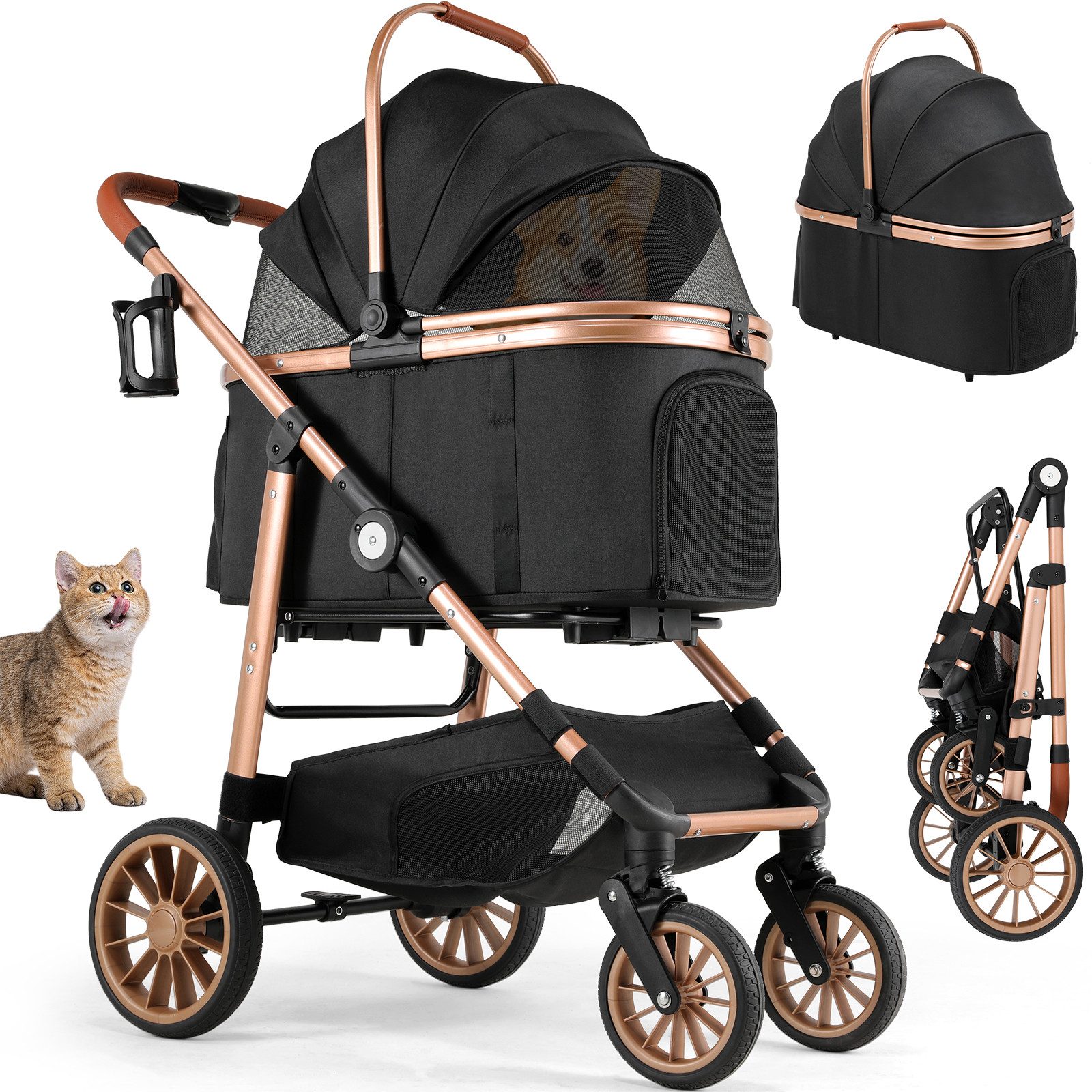 TLGREEN Hundebuggy 4-in-1 Großer Hundewagen, (Faltbar, 360° Gummiräder mit Schwingungsdämpfung), Katzenwagen