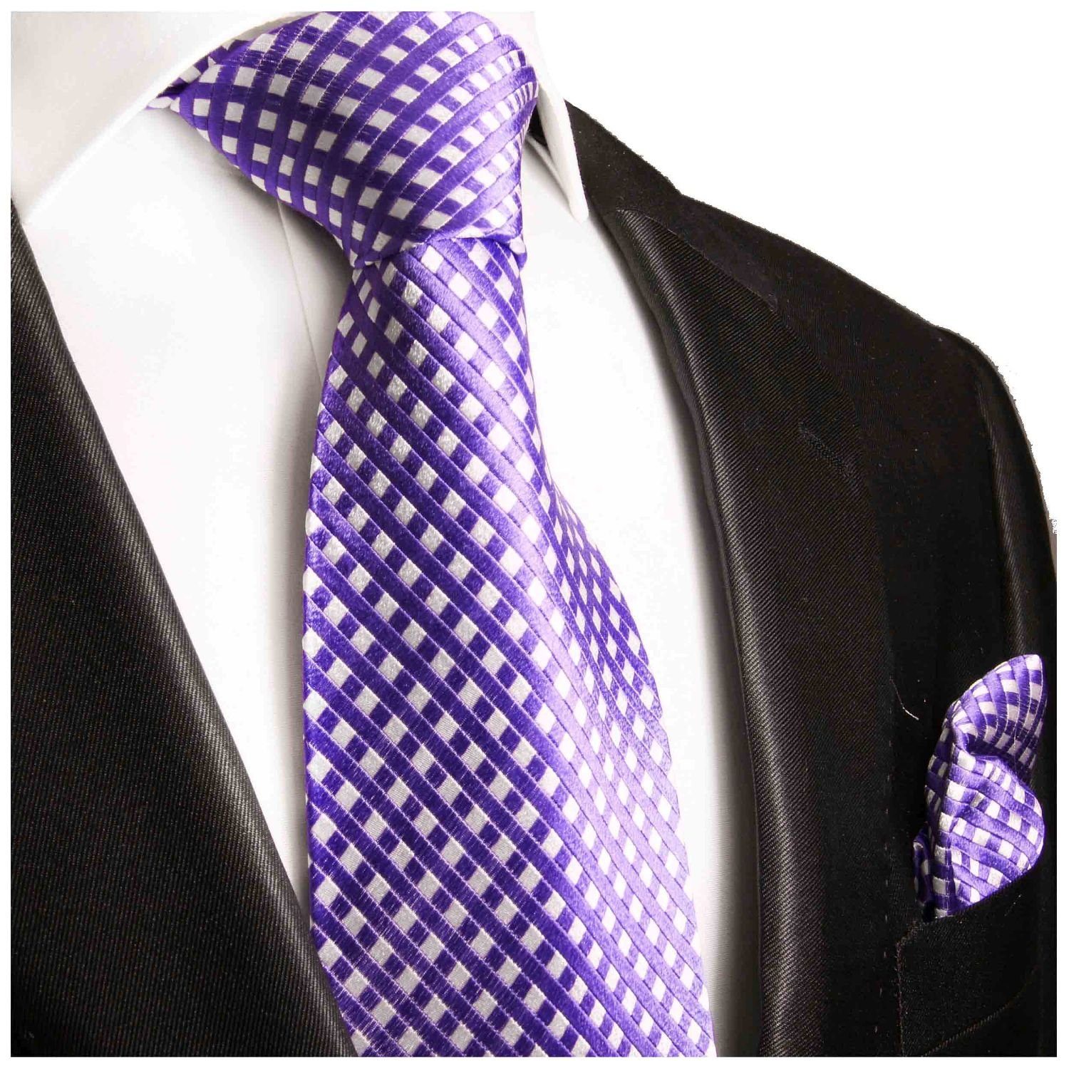 Paul Malone Krawatte Herren Seidenkrawatte und Tuch modern Karo gepunktet 100% Seide (Set, 2-St., Krawatte mit Einstecktuch) Schmal (6cm), lila violett weiß 462