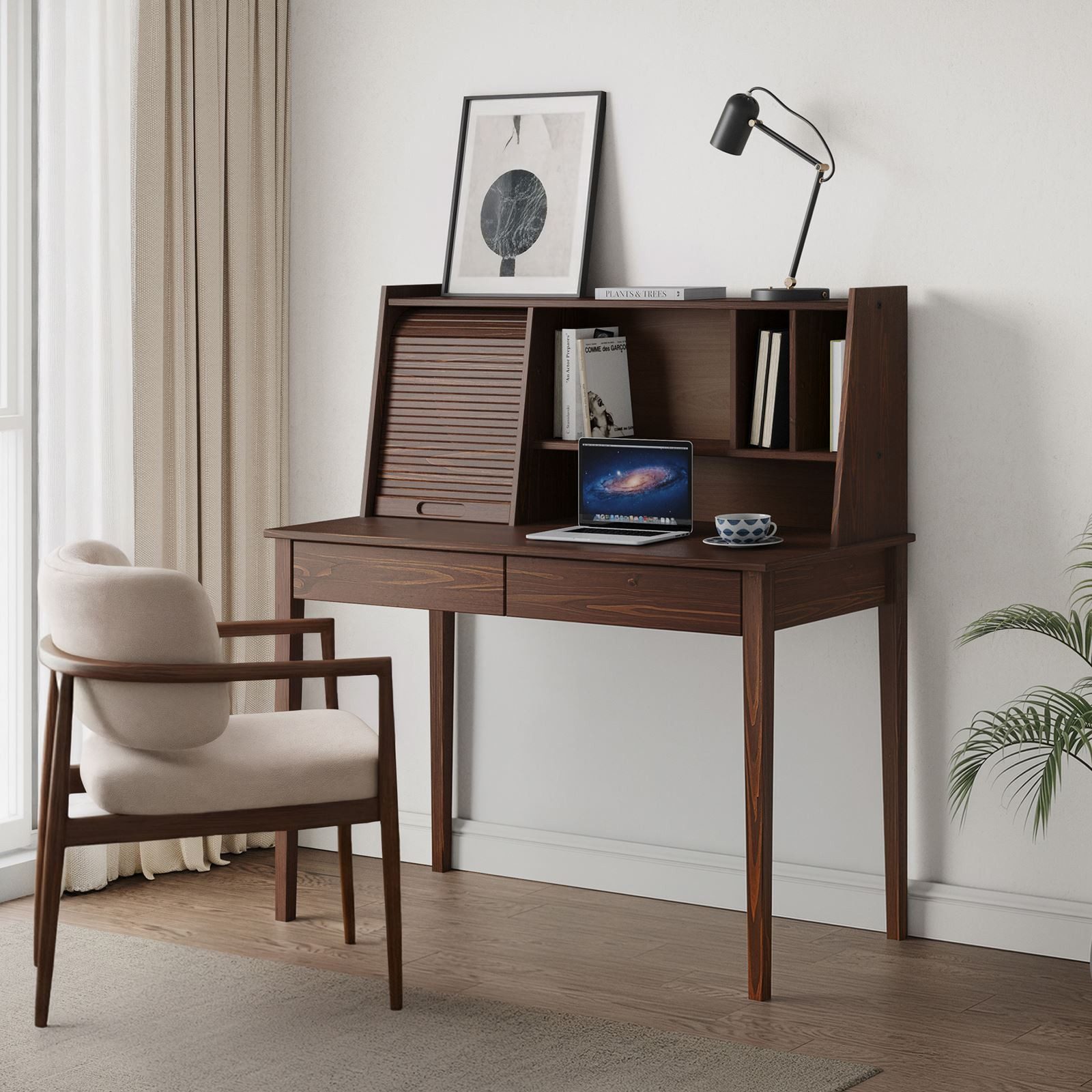 IDIMEX Schreibtisch ALISA, Massivholz Schreibtisch mit 2 Schubladen und Rollladen Nussbaum Finish