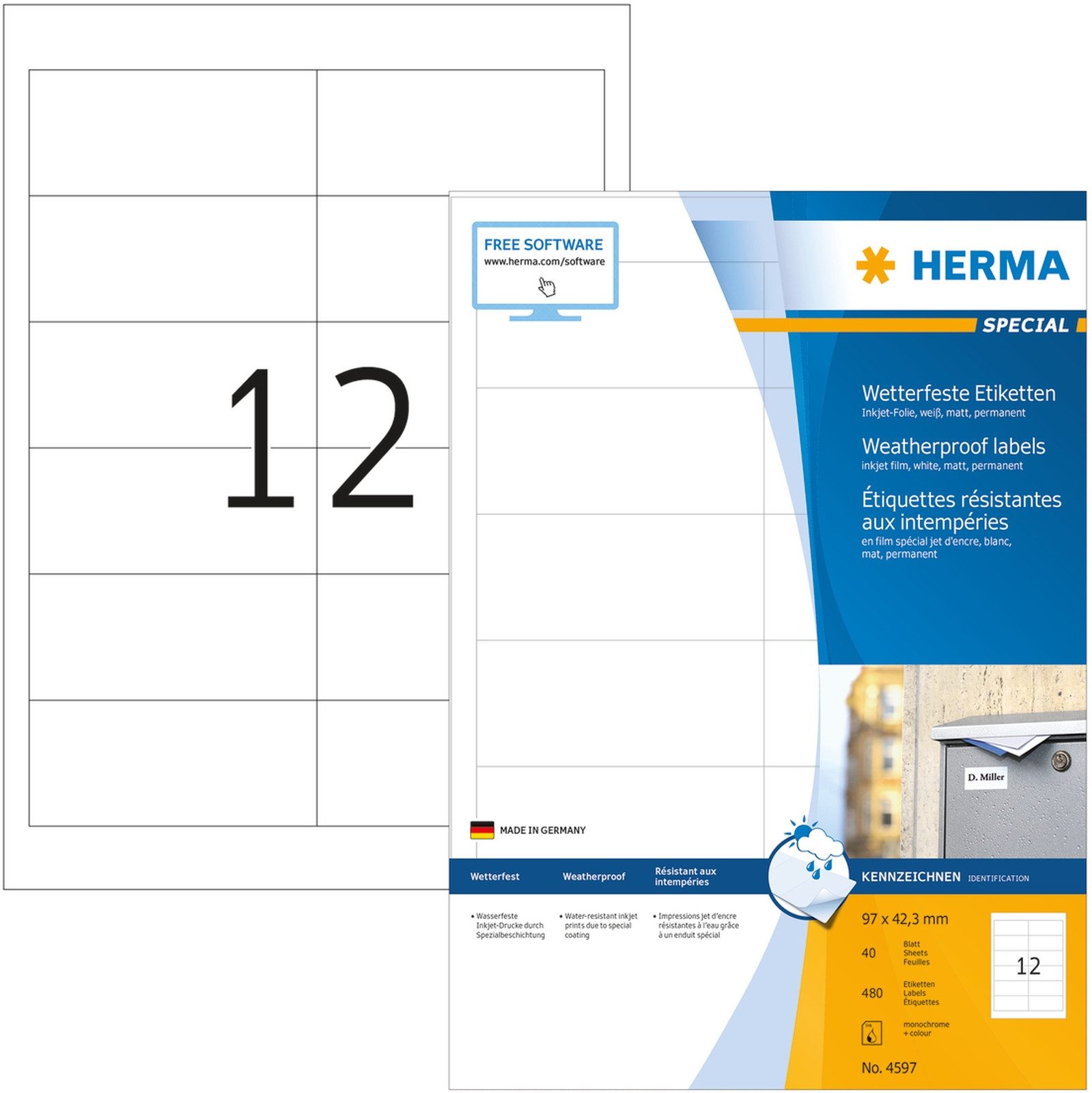 Etiketten Inkjet-Etiketten A4 97,0x42,3mm weiß Folie VE=480 Stück