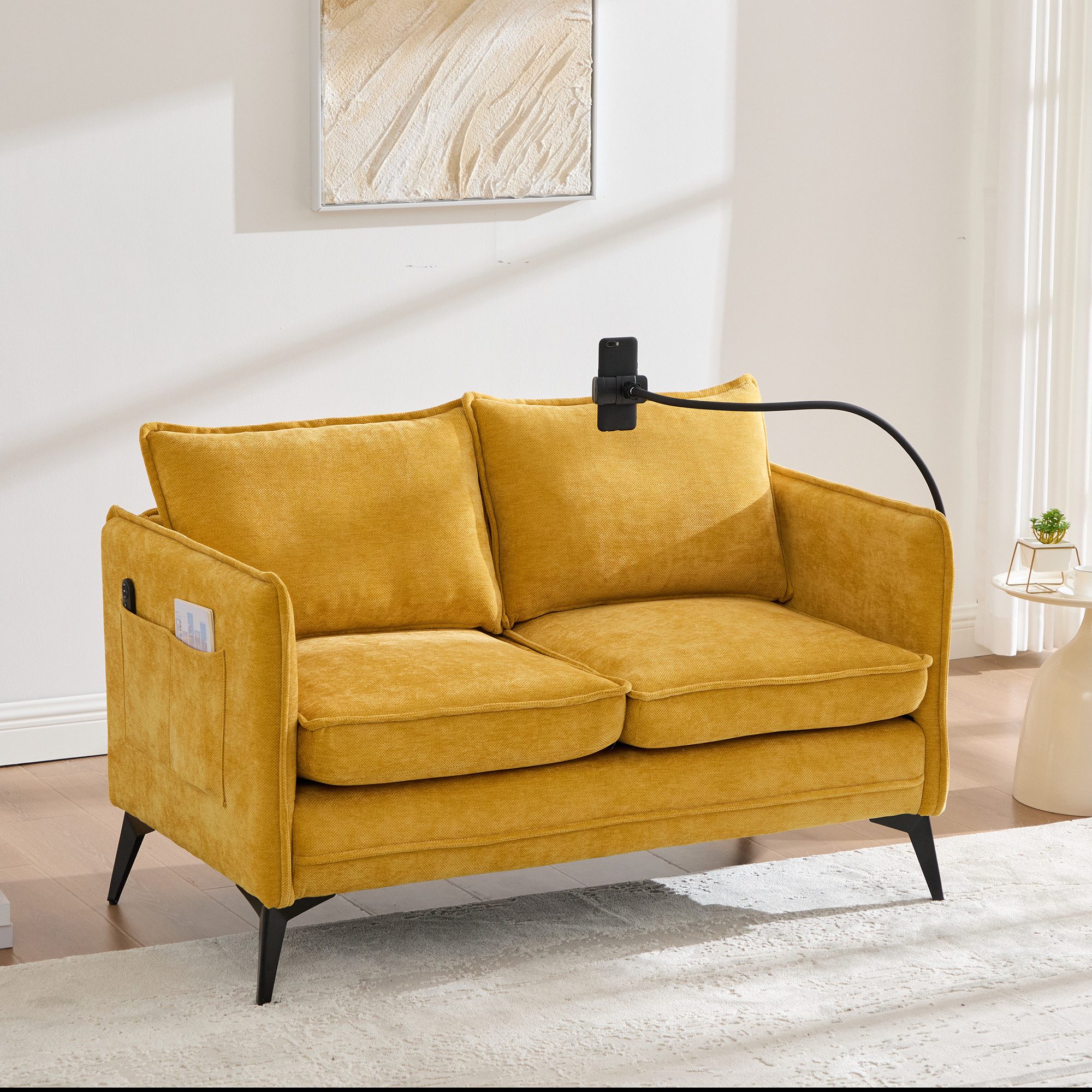 Totnz Sofa Zweisitzer Sofa mit Chenille Bezug, Handyhalterung, Seitenfächern, für Schlafzimmer, Wohnzimmer und kleine Räume