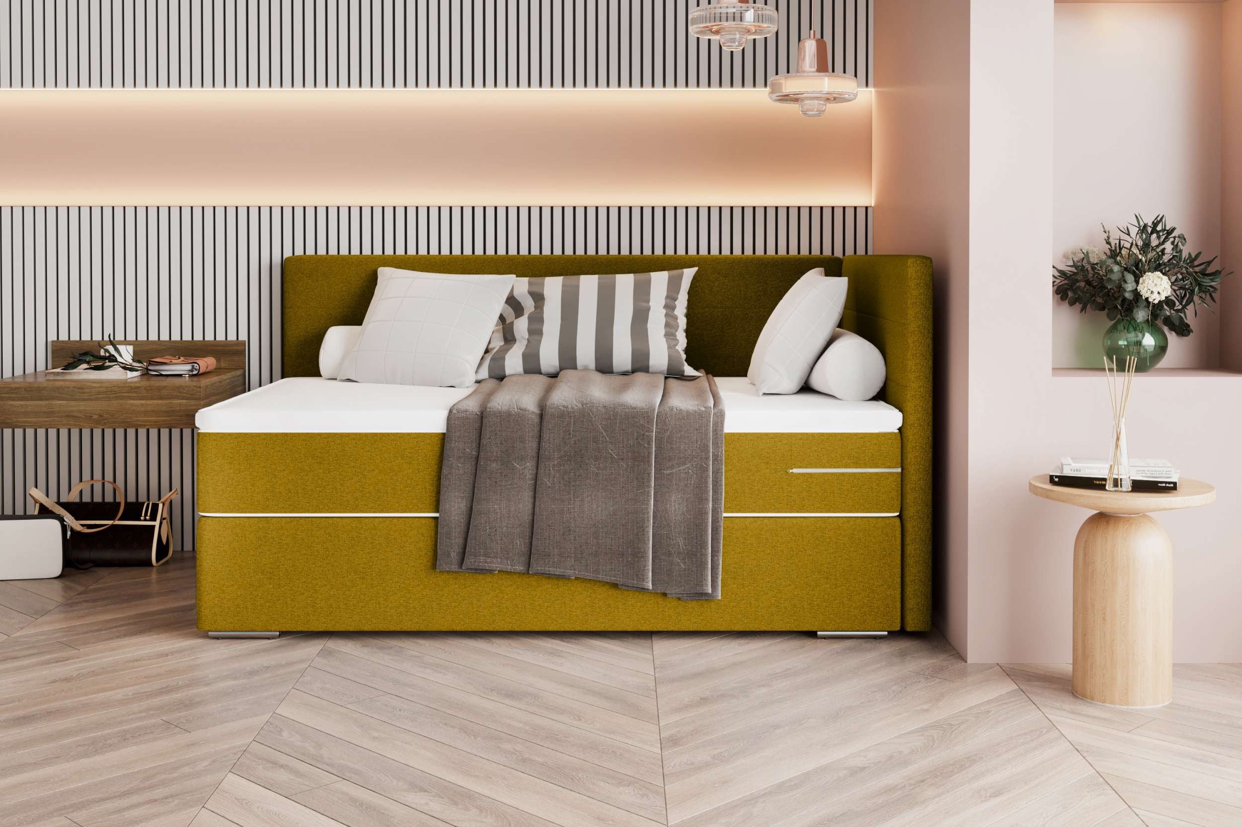 99rooms Boxspringbett Phönix Mini Plus (Schlafzimmerbett, Bett), mit Taschenfederkernmatratze und Topper, in Webstoff MALMO_NEW