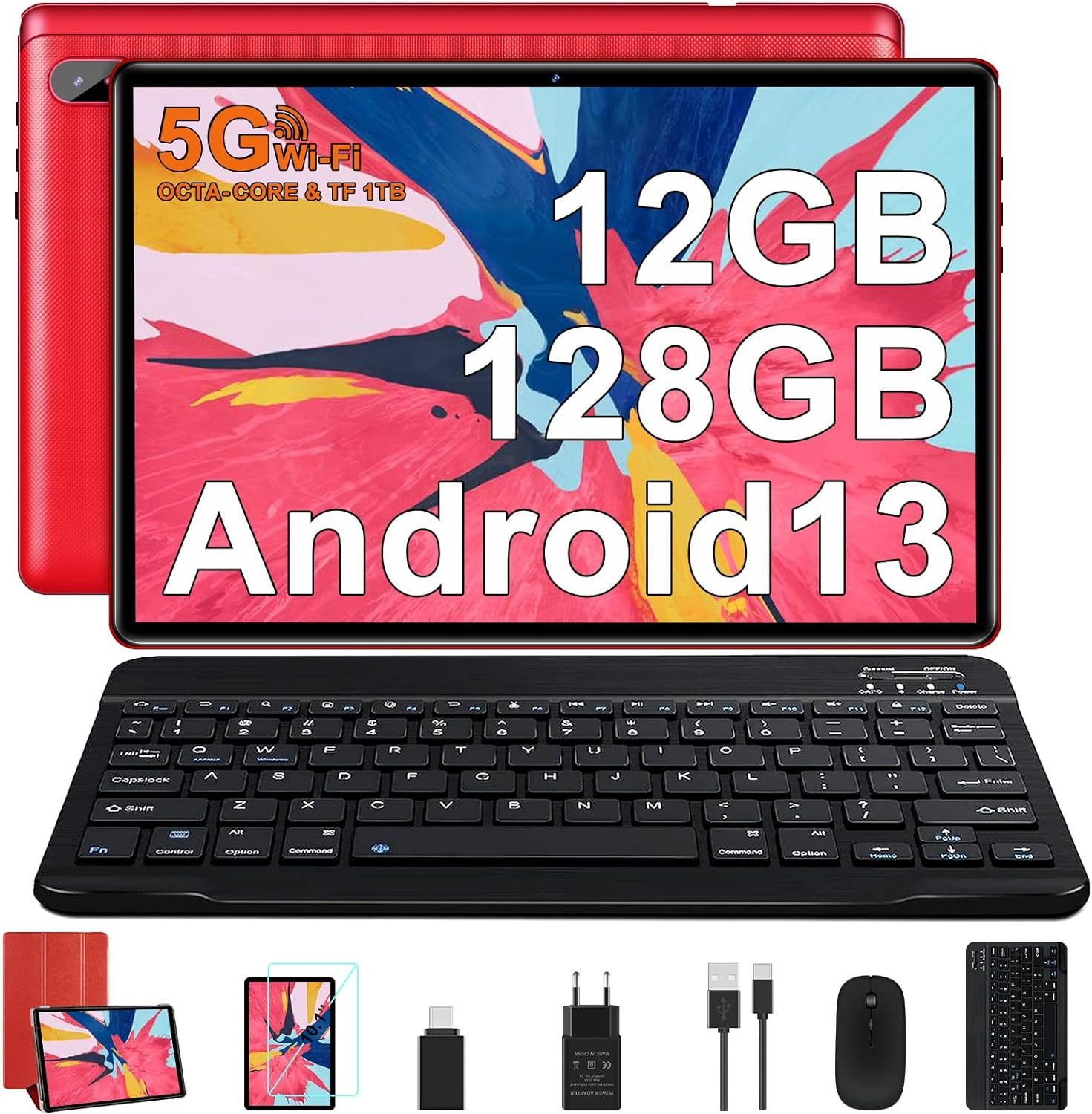 FACETEL PC mit 5G WLAN Octa-Core 2.0Ghz Tablet (10", 128 GB, Android 13, FHD, Doppelkamera, 6000mAh, Bluetooth 5.0, mit Tastatur und Maus)