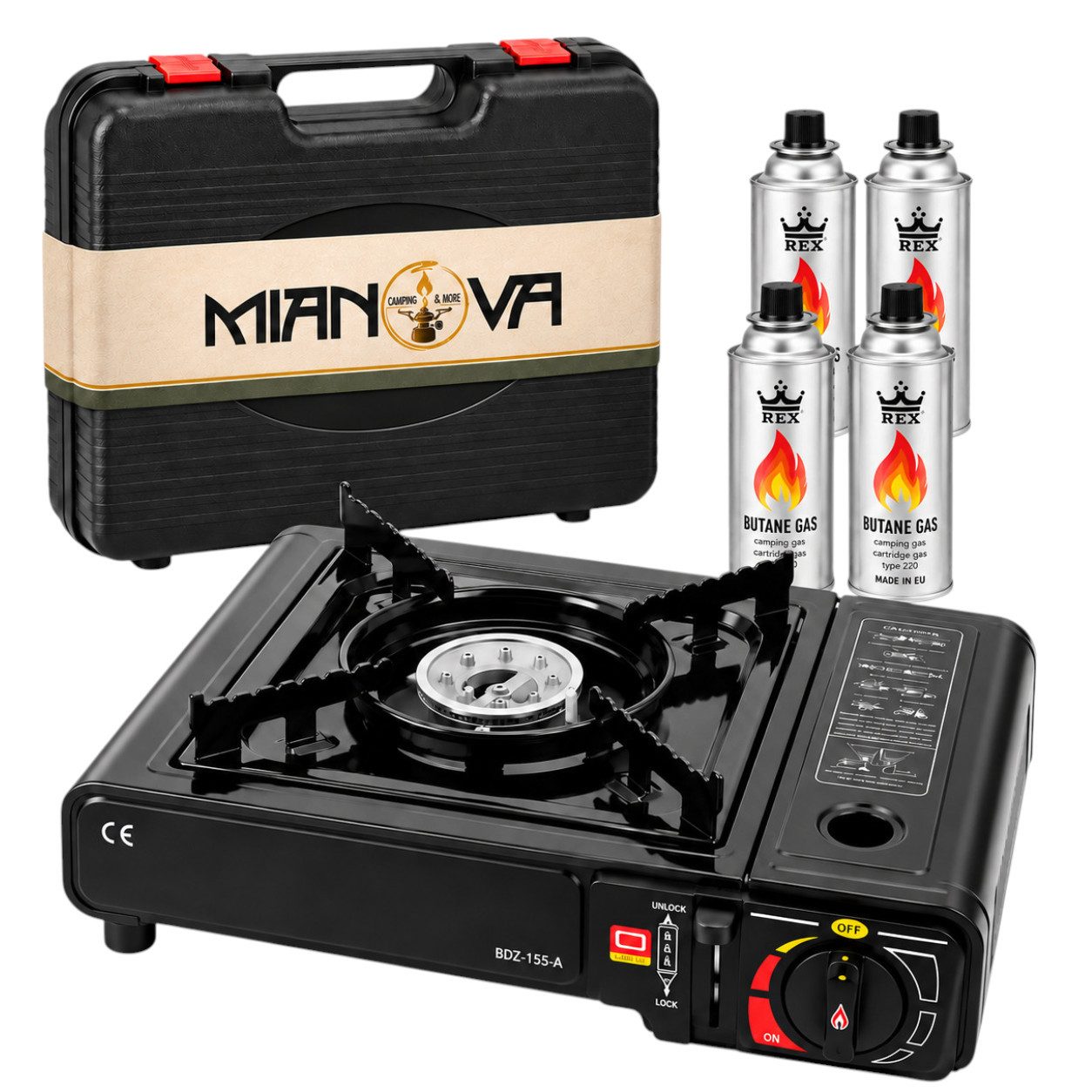 Mianova Gaskocher Einflammiger Campingbrenner mit Piezozündung Ganzmetallgehäuse, (Campingbrenner Set mit 4 Gaskartuschen und Koffer - …