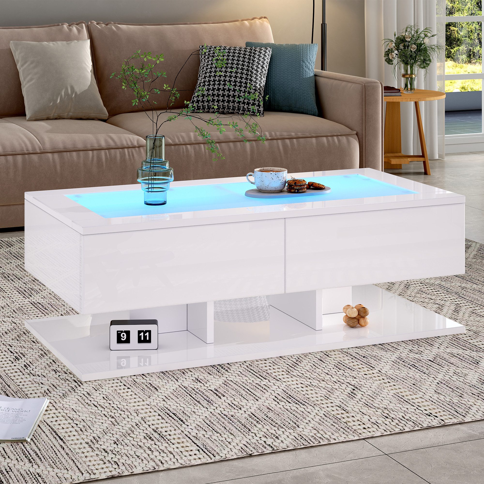 REDOM Couchtisch Hochglanz Beistelltisch mit Glasplatte (Wohnzimmertisch, Satztisch, 1-St., 2 Schubladen, 100*50*35cm), mit LED-Licht