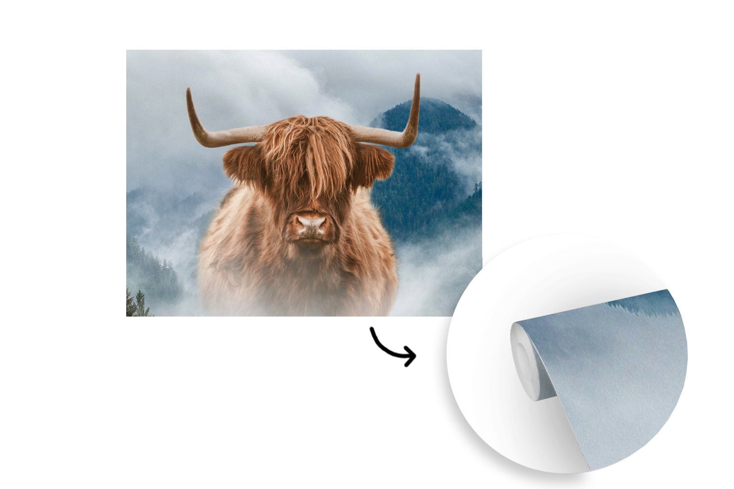 MuchoWow Fototapete Schottische Highlander bedruckt, für Nebel Wallpaper - Vinyl Matt, Wohnzimmer, (6 Berge, Kinderzimmer, Tapete Schlafzimmer, - St)