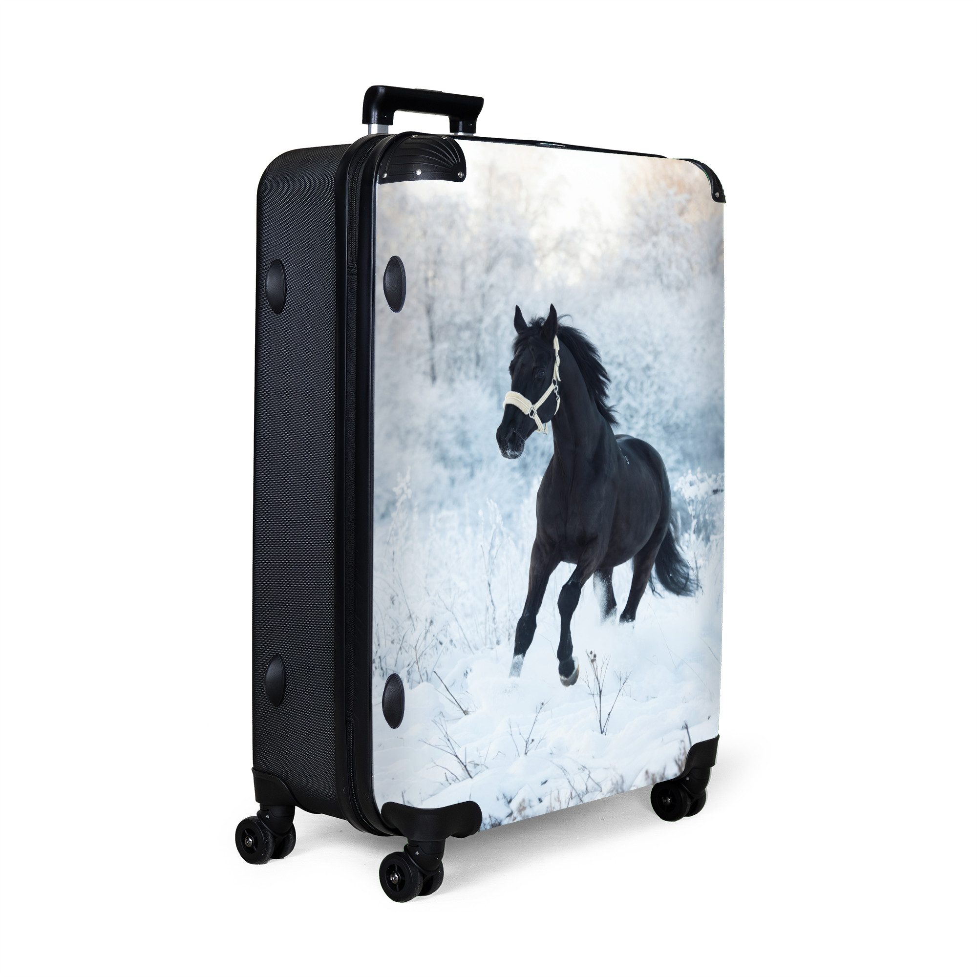 NoBoringSuitcases.com© Hartschalen-Trolley Pferd - Winter - Schnee - Porträt - Kinder 77 cm - 98 L, 8 Rollen, Großer Reisetasche mit Rollen für 30kg, Kinderkoffer