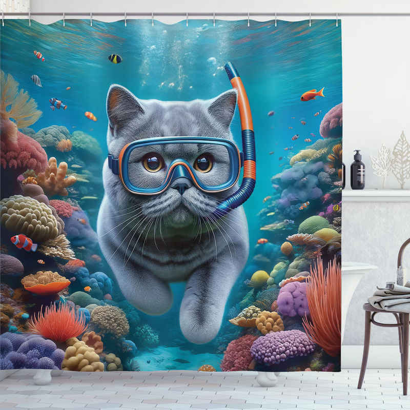 Abakuhaus Duschvorhang Moderner Digitaldruck mit 12 Haken auf Stoff Wasser Resistent Breite 175 cm, Höhe 180 cm, Nautisch Taucher Katze im Ozean
