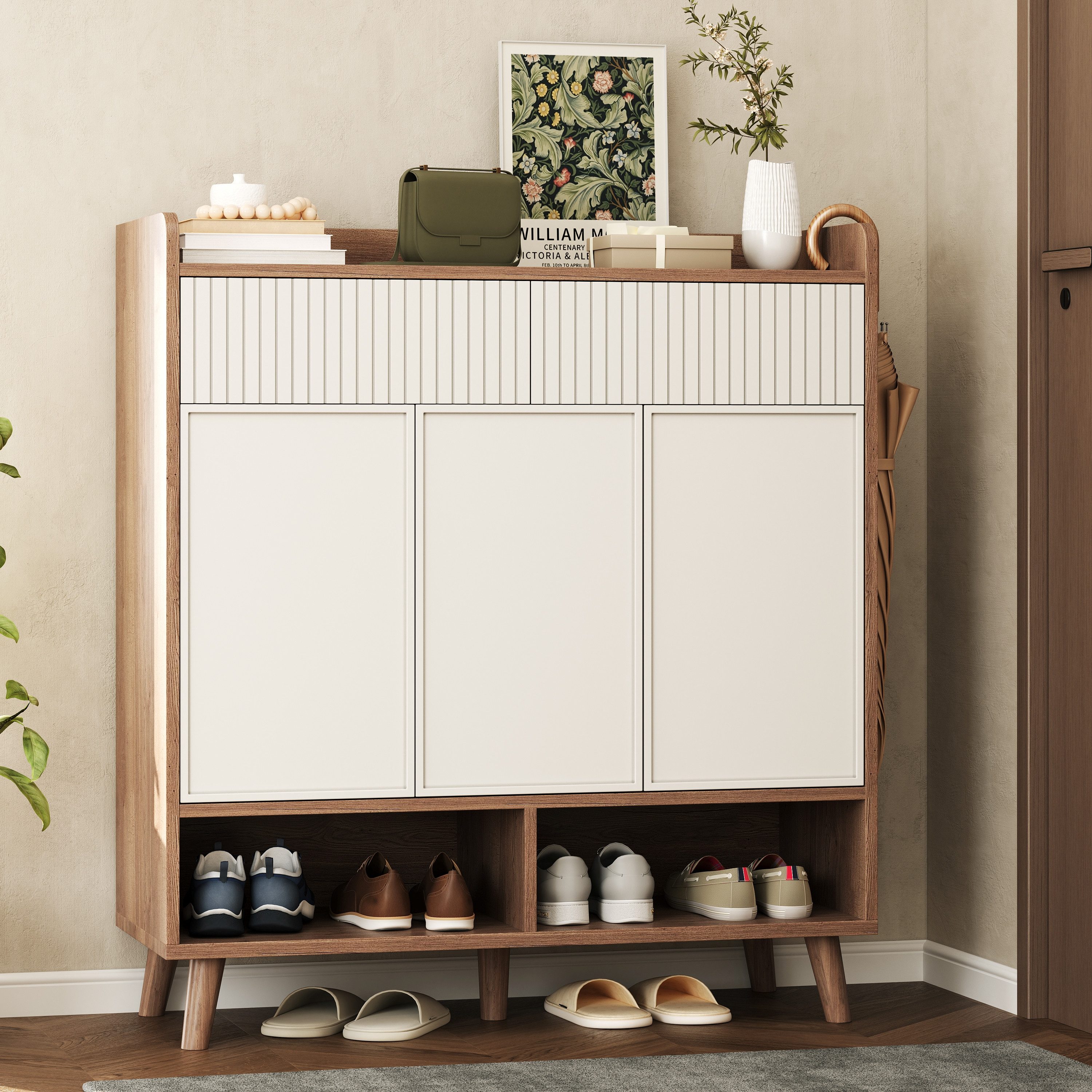 Merax Schuhschrank Sideboard mit 3 Türen, 2 Schubladen und Holzbeinen (1-St., Schuhkommode in Holz-Optik) Kommode ideal für Diele & Flur