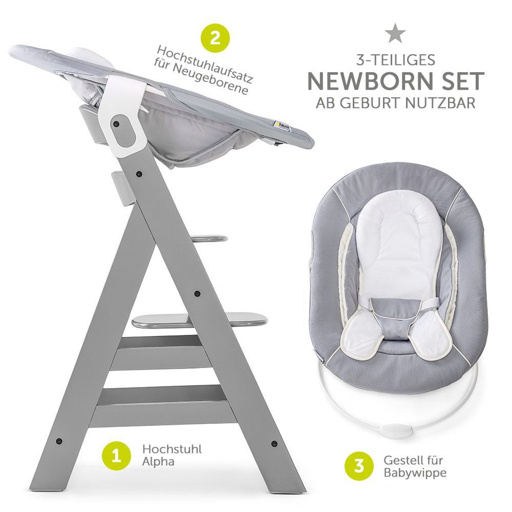 Hauck Hochstuhl Alpha Plus Grey - Newborn Set (Set, 4 St), Holz Babystuhl a günstig online kaufen