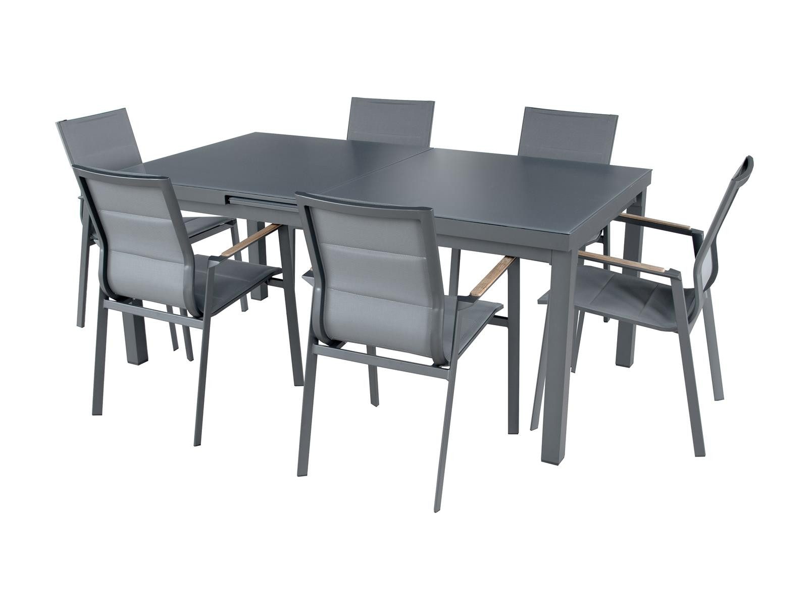 bellavista - Home&Garden® Garten-Essgruppe »Boston 2« Gartenmöbel Set ausziehbar Sitzgruppe Outdoor Garnitur, (Set, 7-tlg., 1x Tisch, 6x Stapelstuhl), Aluminium, für 6 Personen, Ausziehtisch, wetterfest - Garten, Terrasse