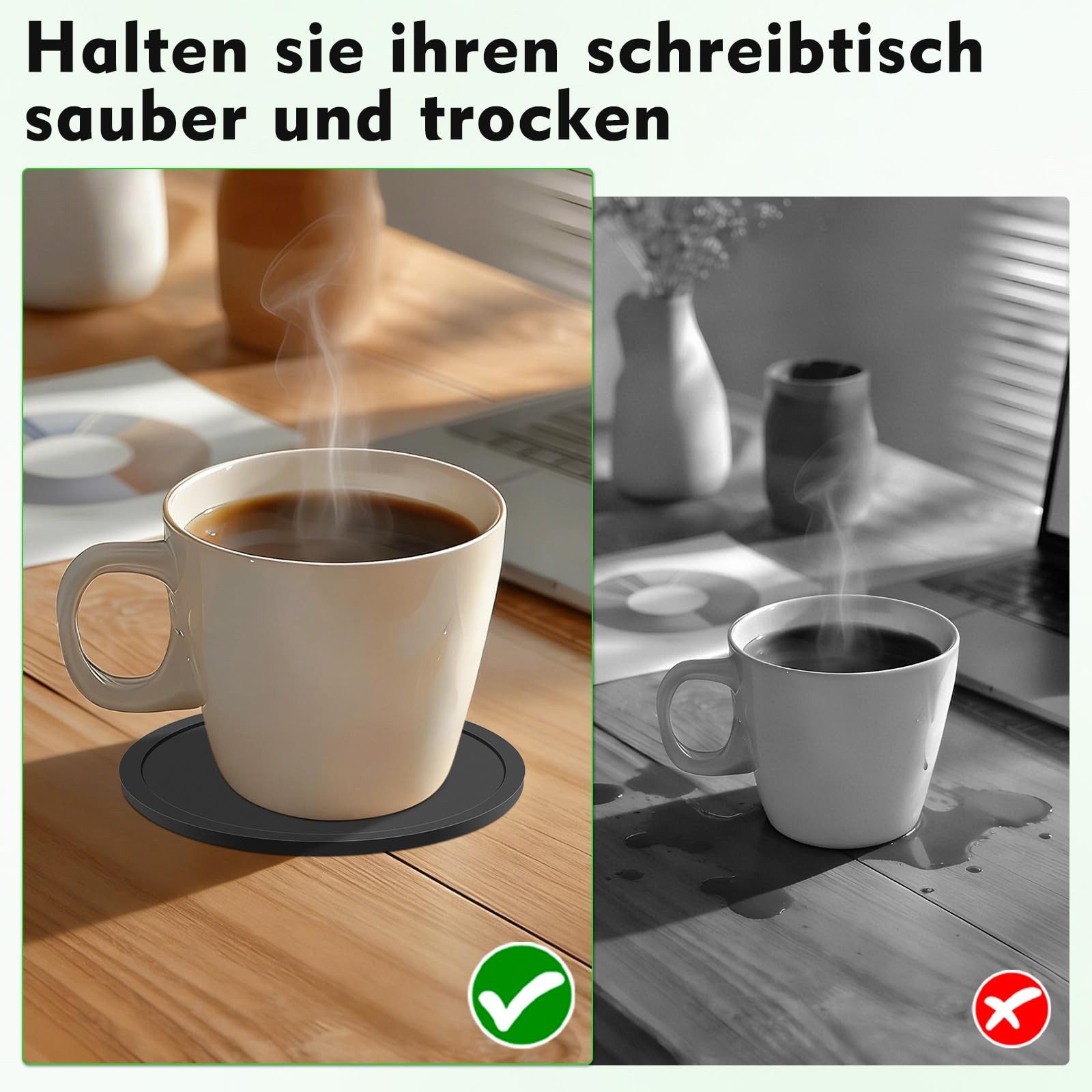 FOUORTUNATE-BEE Getränkeuntersetzer 12 Stück Silikon Untersetzer Schwarz mit Edelstahlständer, rutschfest und Isoliert Untersetzer für Getränke, Kaffee, Weinglä – Bild 4 von 5