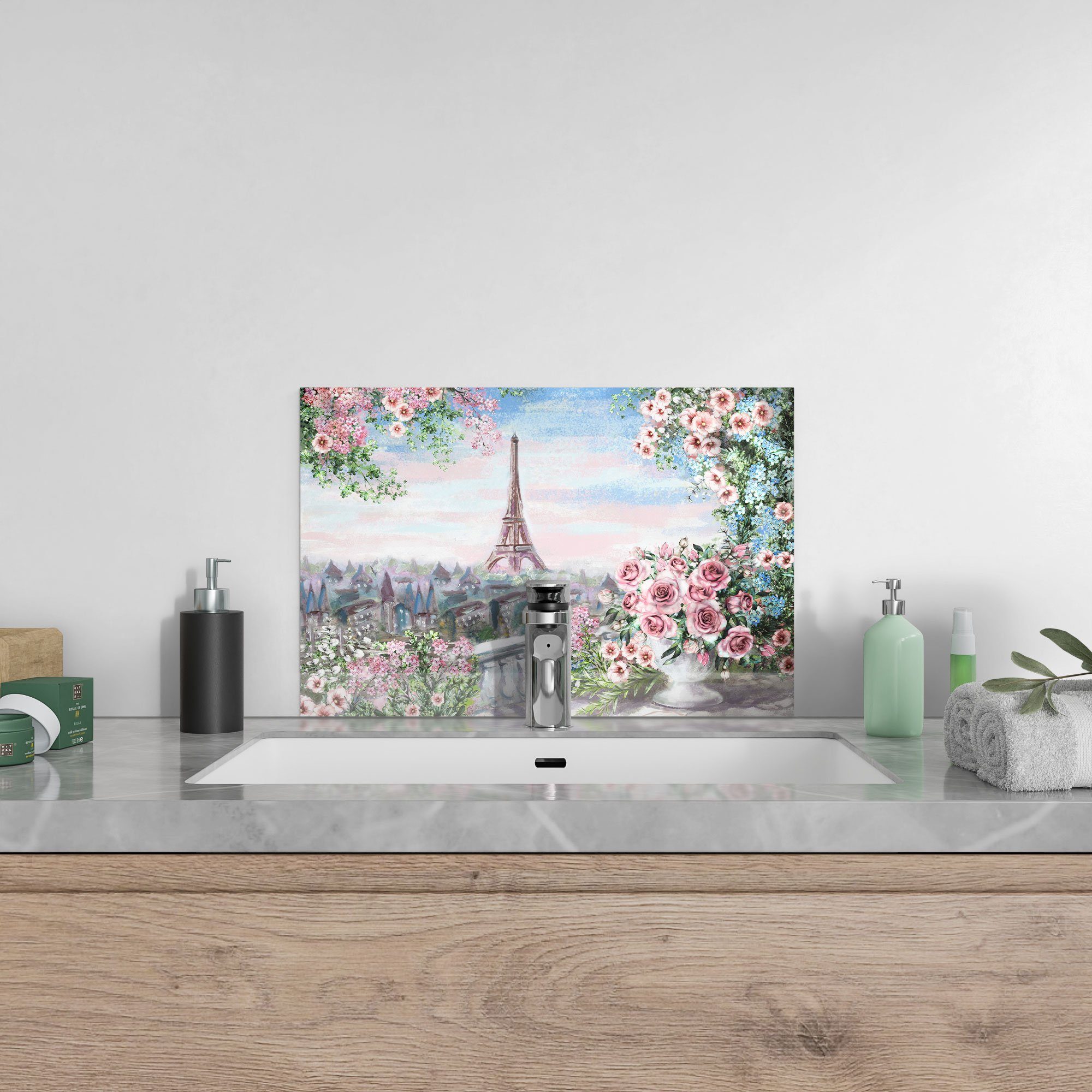 Spritzschutz Herdblende DEQORI Badrückwand 'Blumenmeer Glas Küchenrückwand Paris',